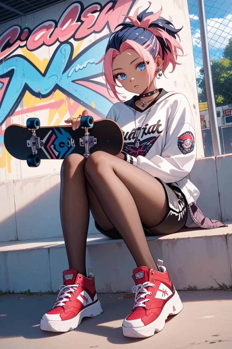 high quality,HD,16k,sharp lines,1 girl,Female skateboard athlete ,cute face, large breasts, nice legs,At the skateboard venue,focus girl,detailed beautiful face,detailed clothes,beautiful eyes,cool,dynamic angle