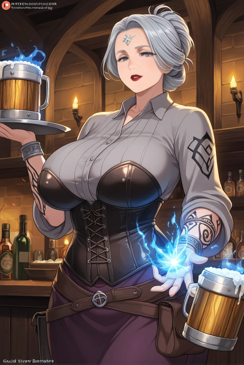 A young silver haired woman with green eyes with an hourglass figure in a pirate outfit is drinking at the bar with a big smile