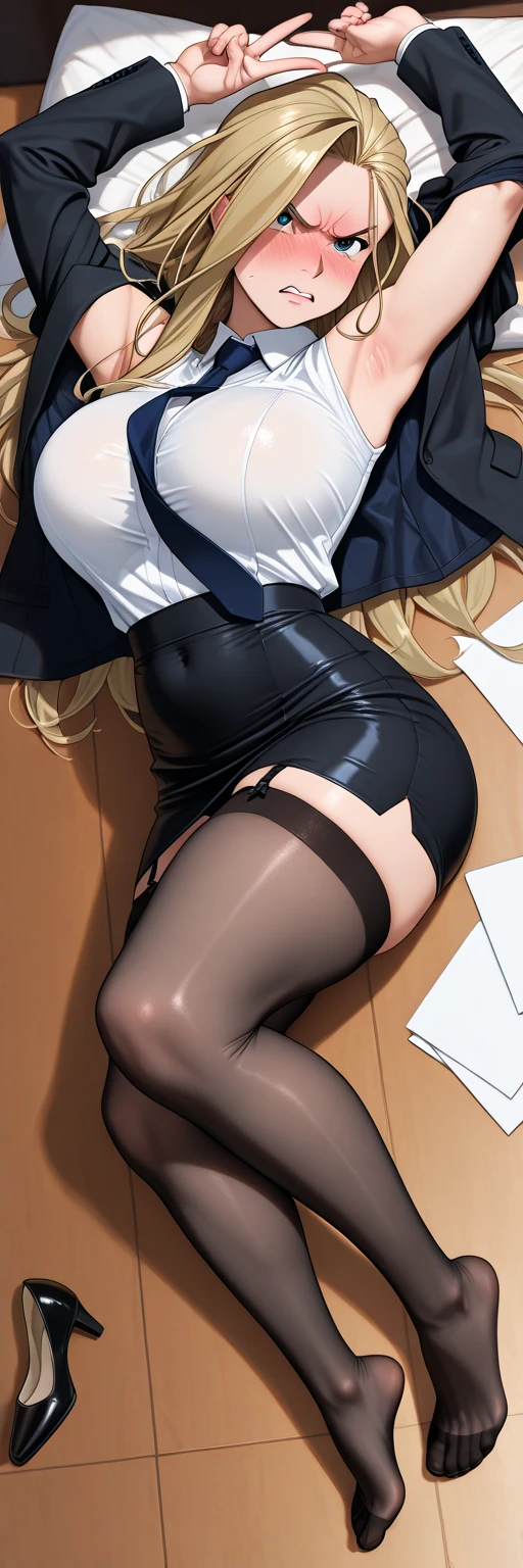 ((Correct ???????)),(office),((formal)),((officeユニフォーム)),((Panties)),(Mini tight skirt),(((Black Pantyhose))),Ultra-high resolution,Mature Woman, Mature Woman, Very detailed,Sunburned skin,Brown Skin,((Beautiful feet)),(Big Breasts),((Beautiful legs)),Perfect hands, Detailed fingers, Beautiful details, ((Long blonde hair)),((ponytail)),Black Choker, Earrings,High heels,Embarrassing,Perfect Eyes, Captivating eyes,Blue Eyes