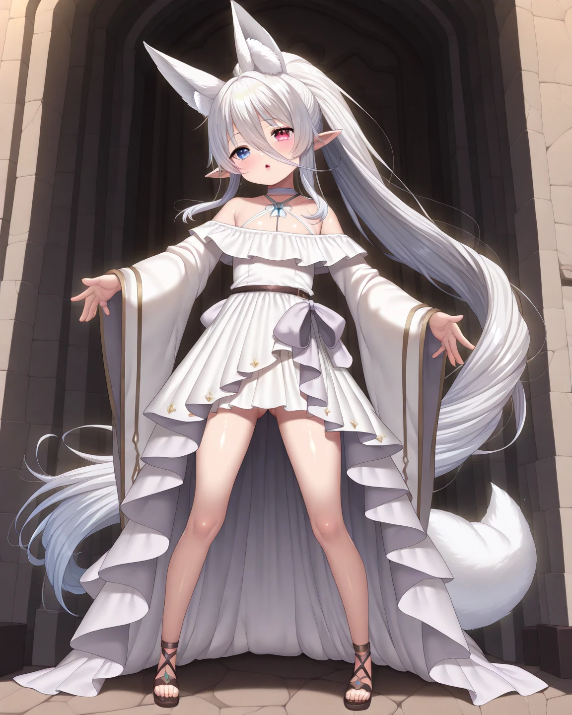 7 years old、girl、Completely naked、Completely naked、Completely naked、Completely naked、Completely naked、Silver Hair、Princess cut、Very long hair、Fox ears、Very flat chest、Grin、Sit down and open your legs、Knee Up、Vaginal opening、Spreading her pussy with her fingers、