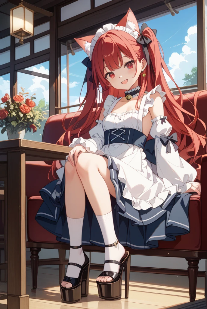{{masterpiece}},illustration,best quality,extremely detailed CG unity 8k wallpaper,1girl_solo, full_body, from_below, looking_at_viewer, looking_down,((white pantyhose: 1.5)), (no shoes:1.3),chair,twintail,red hair,braided bangs,Sexy and charming panties,revealing dress,window,(Close-up of the foot),hair_ribbon,strong rim light,花,cameltoe,
