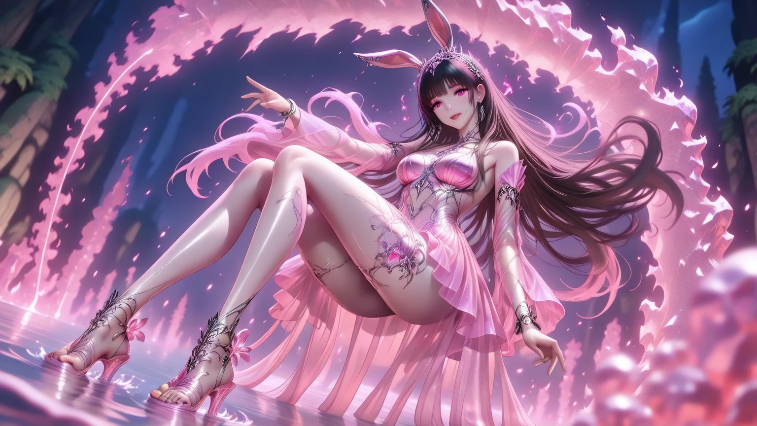 full body，1girl, solo, animal ears, rabbit ears, ponytail, petals, dress, falling petals, brown hair, pink dress, long hair, high heels, very long hair, metal collar, collar, breasts, bare shoulders, medium breasts, pantyhose, closed mouth, hair ornament, looking to the side
