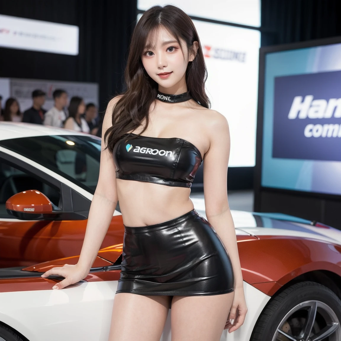 (8K, Raw photo, highest quality, masterpiece:1.2), (realistic, photo-realistic:1.37), (whole body:1.3) (get used to it), (High resolution), ultra realistic, hyperrealistic, 20 年にわたるHigh resolution RAW カラー写真.ah、woman, young female,beautiful face, (high get used to it face),looking at the viewer, perfect face, young, get used to it hair ,cleavage, perfect breasts,professional lighting, photon mapping, radio city, Physically based rendering, ultra-get used to it, extremely get used to it, beautiful get used to it girl, extremely get used to it eyes and face, cinematic lighting, perfect fingers, perfect hands, perfect legs, cinematic lighting, extreme details, realistic skin, show your stomach, high heels,1 girl,race_Queen,(huge breasts:1.2),clothing clippings,underboob, mini skirt, outdoor,((sportscar)),((car)),((motor Show)),smile