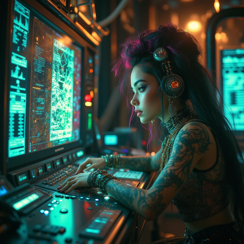 <lora:polyhedron_new_skin_v1.1:0.3>,<lora:SexyConiAI:0.8>,a woman with tattoos,cybernetic implants and a headpiece,is sitting partially nude in front of a computer screens,screen with a futuristic background,Android Jones,cyberpunk style,cyberpunk art,computer art,Cinematic,((((cinematic look)))),slate atmosphere,cinematic,dimmed colors,dark shot,muted colors,real skin texture,sweaty,detailed skin,skin blemish,