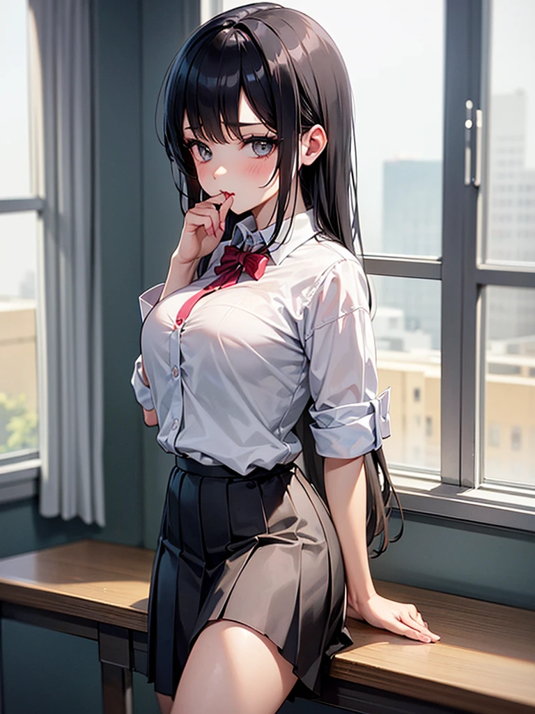 (RAW photo, best quality), (realistic, photo-realistic:1.4), masterpiece, extremely delicate and beautiful,Amazing, finely detail, extremely detailed CG unity 8k wallpaper, huge filesize, ultra-detailed, highres, absurdres, soft light,rim light, vibrant details, ((perfect hand:1.2)), Take a selfie with phone in one hand and cover face, 1girl, slim legs, thin legs, long legs, spread legs, [standing|on chair|sitting|butterfly sitting], [stockings|pantyhose|thighhighs|kneehighs], school uniform, (((unbotton blouse, small breasts, bare breasts, narrow nipples))), iphone, selfie, pose,small hand, p_m_s,