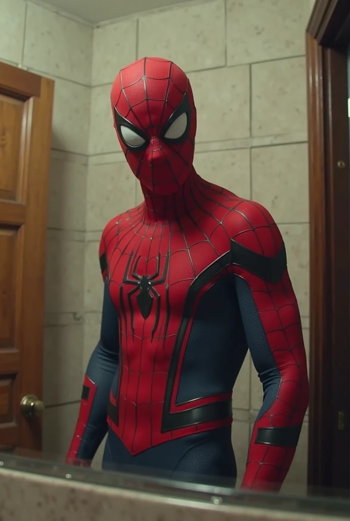 modelshoot style, masterpiece, sharp focus, a picture of spiderman, standing in a kitchen, 5 o'clock shadow, stubble, age 43