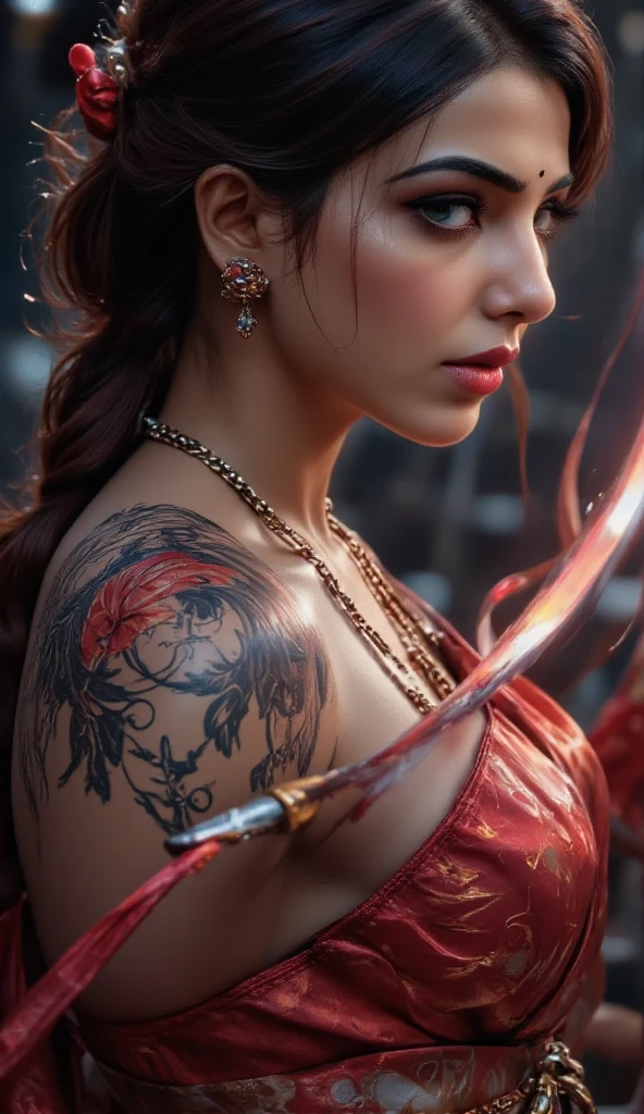 A woman with atletich musuclar tonus but not big, showing ur back with a giant dragon yakuza tattoo, 8k resolution, epic, dramatic vibe