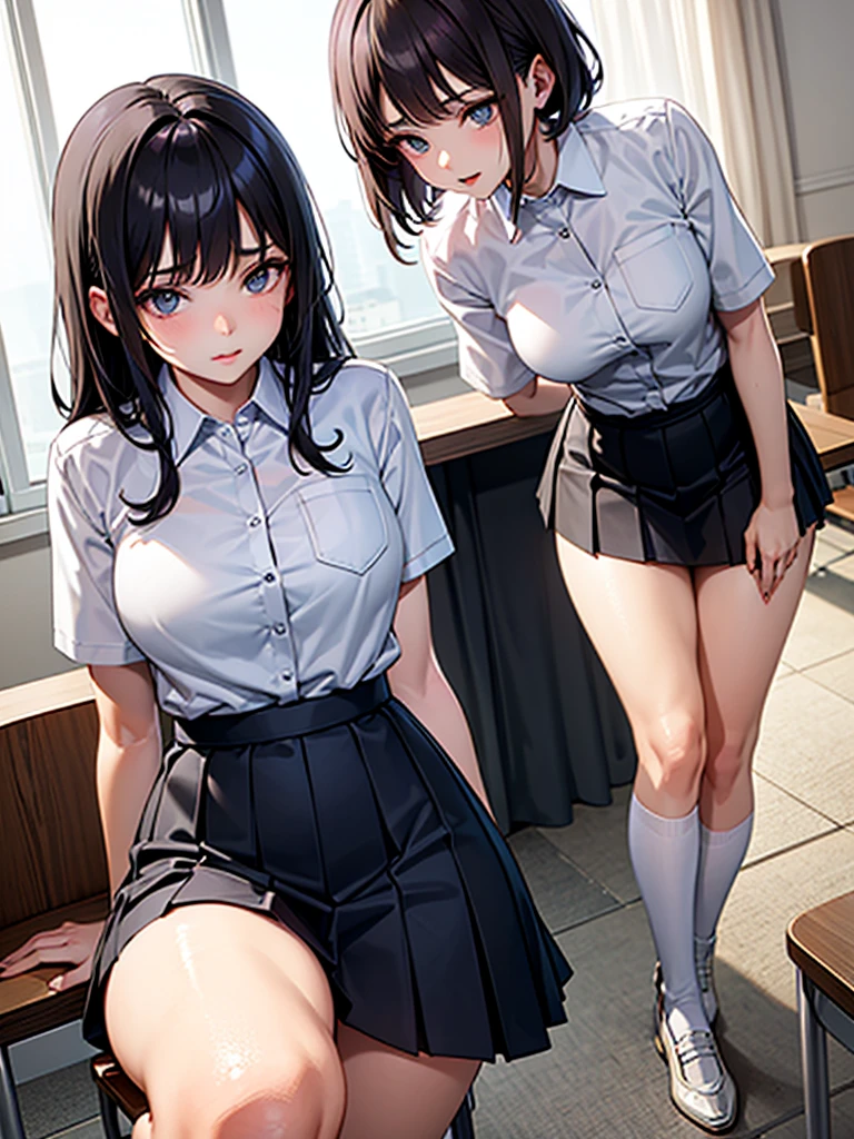 2 girls, smile:1.3, shirt, skirt, (small),((classroom:1.5))、、(blush:1.3)、((青いチェック柄のskirt:1.5))、Cowboy Shot、(skirt lift:1.3),(Highly detailed panties:1.3)、(Highly detailed white panties:1.3)、、(skirt that rolls up:1.3)、(Full-fledged panties:1.5)、,((Pure white cardigan))、
