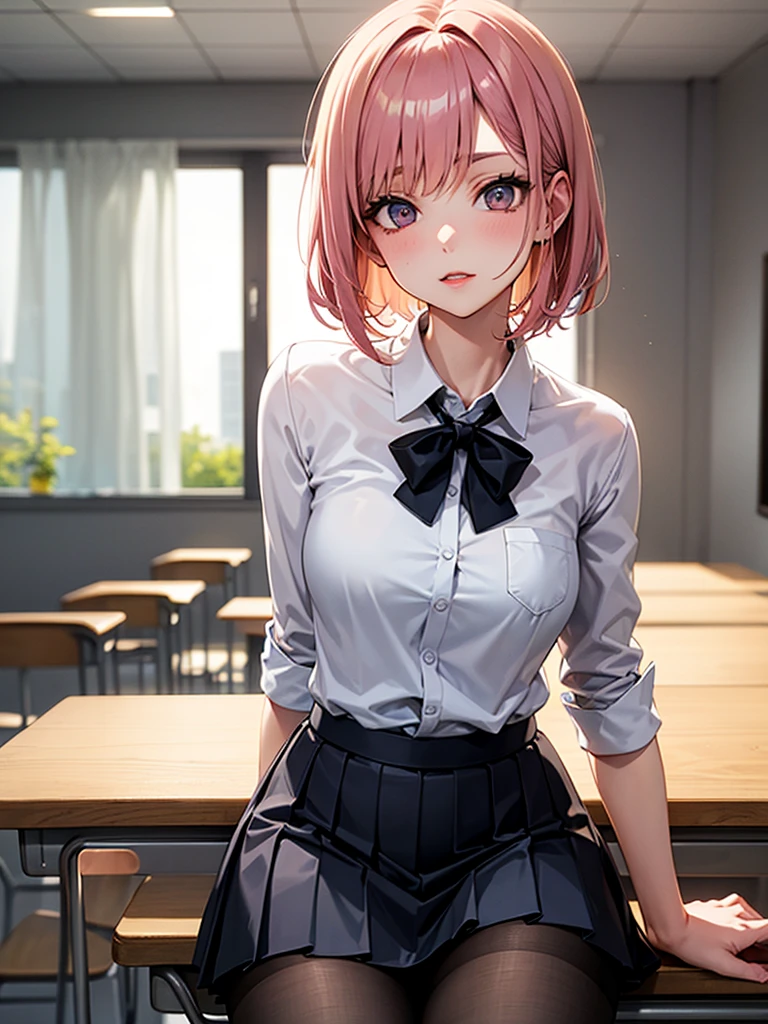 1girl, natural lighting, masterpiece, highly detailed, illustration, game CG, absurdres, high quality, aichan, large breasts, beautiful detailed eyes, medium bright pink hair, bangs, white shirt, black pleated miniskirt, school, glossy lips, lips parted