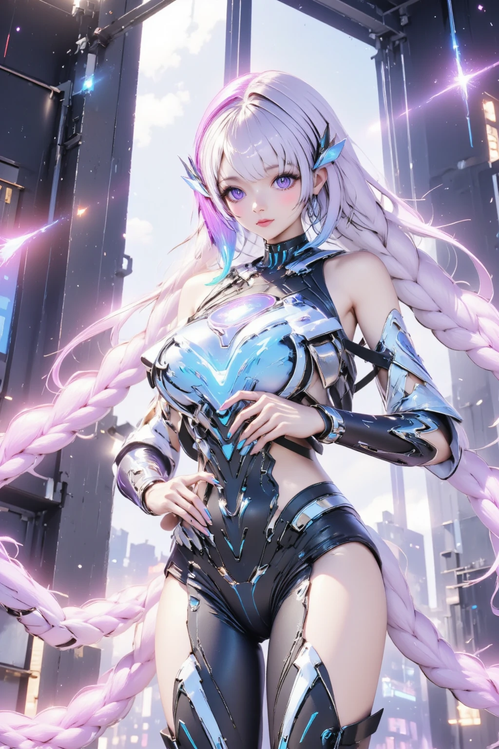 (best quality, ultra-detailed), crypticgirl, standing pose on a digital highway that represents the vast cyberspace, neon lit scenery, with her is a chibi android fairy, detailed mechanical build with wing, braided white hair with purple ombre, flying happily beside her, close-up portrait
