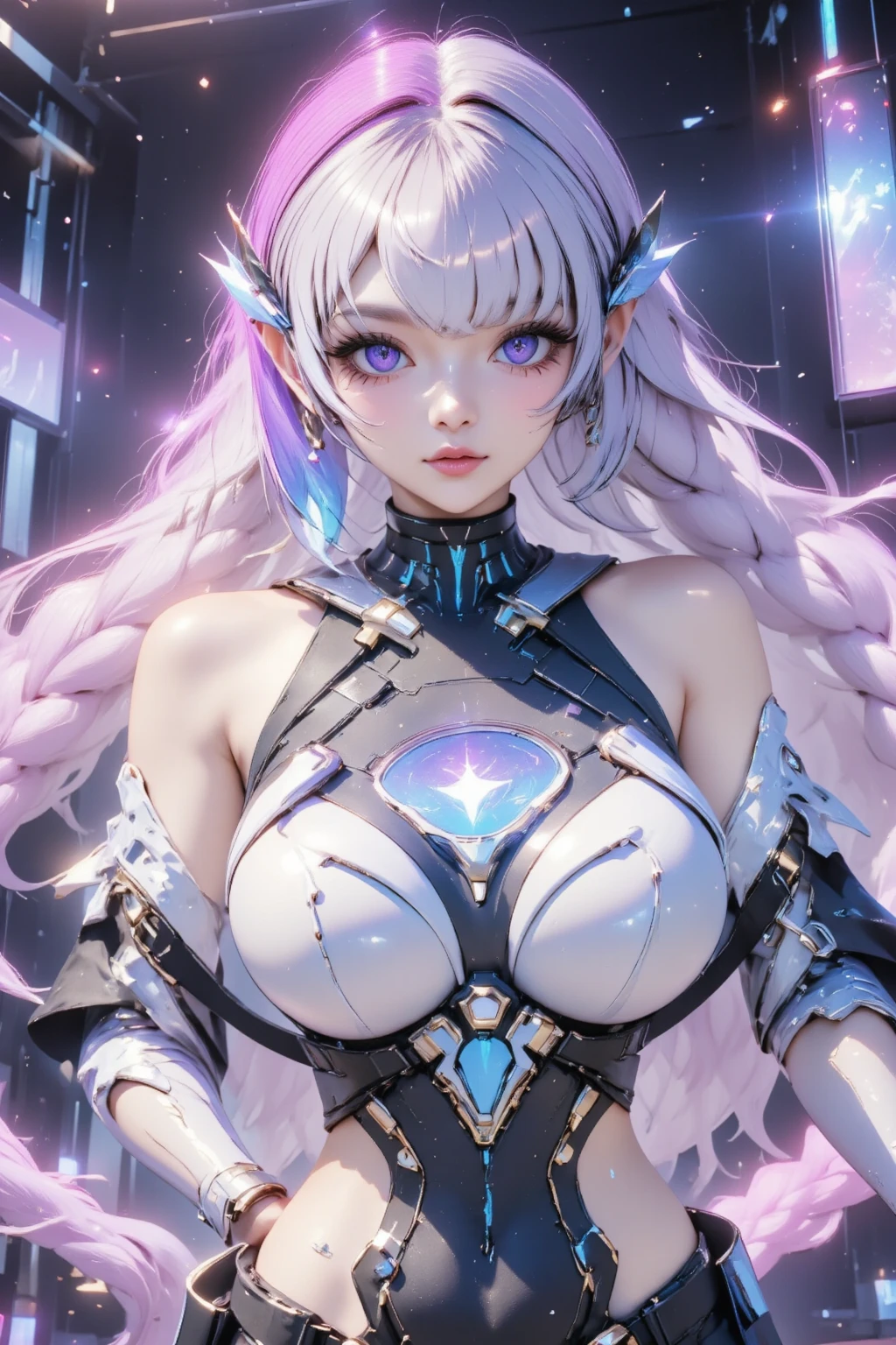Best quality, masterpiece, ultra high res, (photorealistic:1.4), raw photo, aesthetics and atmosphere, dark shot, film grain, soft focus, bokeh, night shot, masterpiece realistic volumetric light,,1girl, purple eyes, white hair, curly hair, smirk, (freckles:0.8), thigh, medium breasts, upper body, (sparkly:1.3) sequins long cns dress, ray tracing reflection, desert street, path, city lights, incredible sky, relying on the wall, from side,