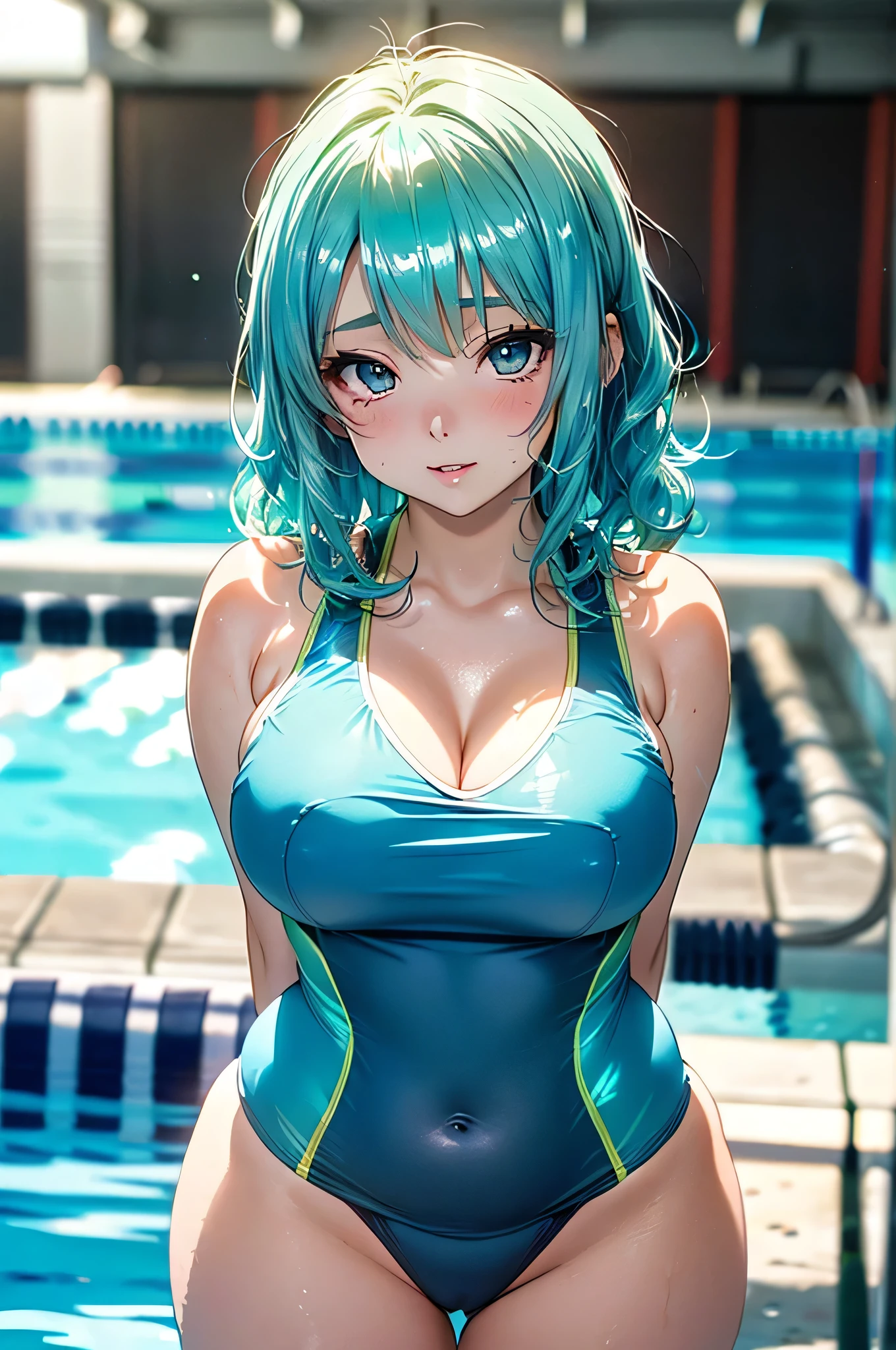 anime girl in a swim suit sitting on a ledge by a pool, wet swimsuit, swimsuit, is wearing a swimsuit, realistic bikini, bathing suit, extremely detailed artgerm, monokini, cute girl wearing tank suit, sparky swimsuit, swimsuit model, style artgerm, beautiful blue haired girl, 8k high quality detailed art, in retro swimsuit, from mobile legends