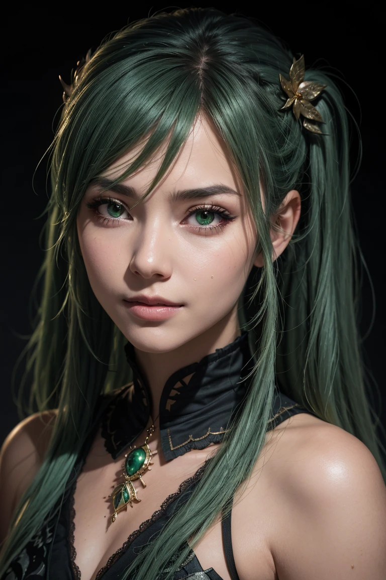 high high quality,A high resolution,masterpiece,8K,(Hyperrealistic photos),(Portrait),digital photography,(Reality:1.4),20-year-old girl,exquisite facial features,green and blue pupils,((Women in the workplace)),Random hairstylelack color hair),Big breasts,(Suit,Workplace attire,black necktie),Keep your mouth shut,scowling,Cold and serious,extremely detailed expression,realistic detail,Light magic,Photo pose,oc render reflection texture