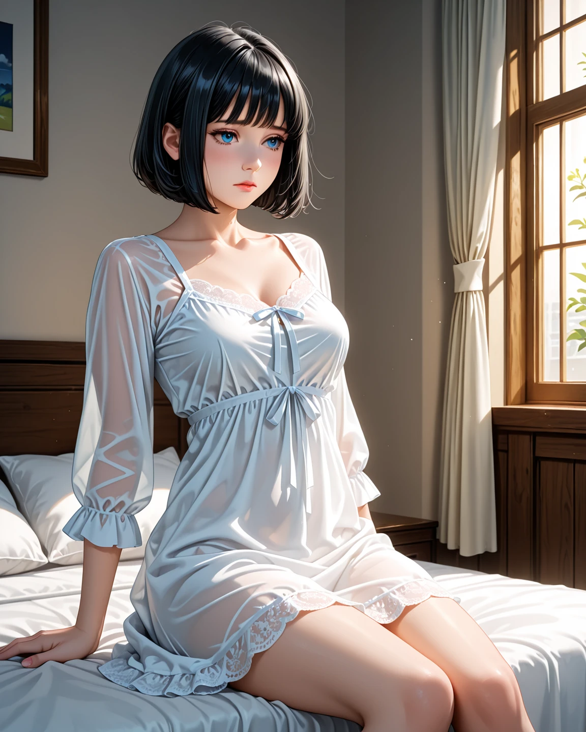 1 girl in a transparent dress, showing nipples, sitting on the bed in the bedroom, vinyl record on the wall, computer screen on, with book in hand