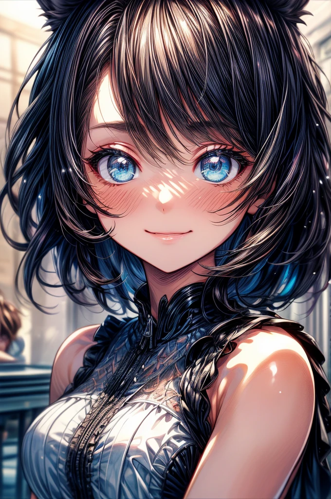 (Tabletop.Highest quality).(Dynamic Angle). (Amazingly detailed CG paintings),(Perfect Image)、Comic Strip.shape.One Girl.Detailed face、Perfect Face.Delicate face、Textured skin、Black Hair.length、(Horse-eared girl)Horse-eared girl、((Beautiful Blue Eyes)).Delicate and beautiful eyes、The eyes are detailed、Reflective Eyes、Watery eye、smile.(Gazing at the audience:1.3).(My face got a little red:0.8)、8k wallpaper、whole body、reflected light、The finest details、Complex、Delicate background、Textured skin、Detailed skin、Swimwear, ((カラフルなSwimwear))