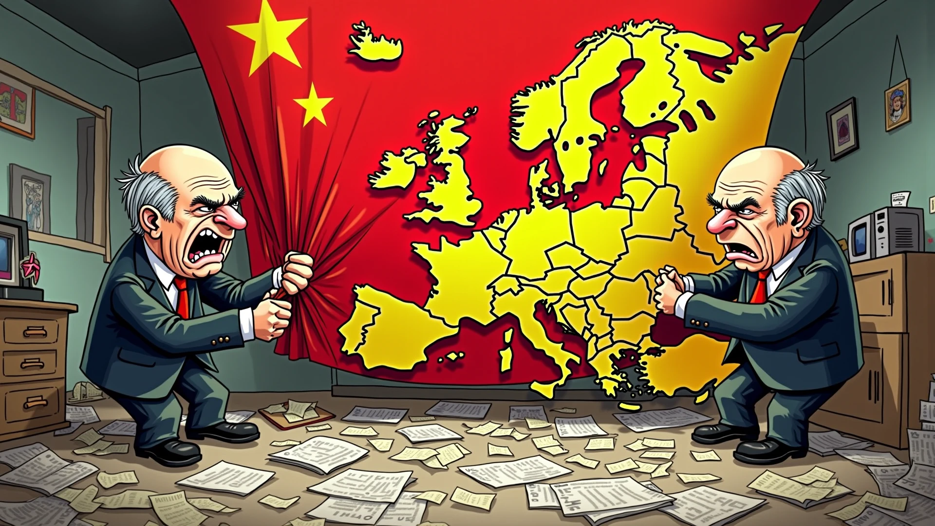 Create an illustration with the following commands:
- Two men in suits facing each other head on. - The man on the right, representing a figure that symbolizes the United States, wears a suit with prints inspired by the American flag. He displays a stern and determined facial expression. - The man on the left, representing a figure symbolizing the Soviet Union, wears a suit with prints inspired by the Soviet flag (red with gold details). He also has a hard and defiant facial expression.. - Both pull a rope wrapped around a globe in the center, each one on one side, symbolizing a fierce struggle for global supremacy during the Cold War. - The background is neutral, keeping the focus on the tension between the two leaders and the Earth.