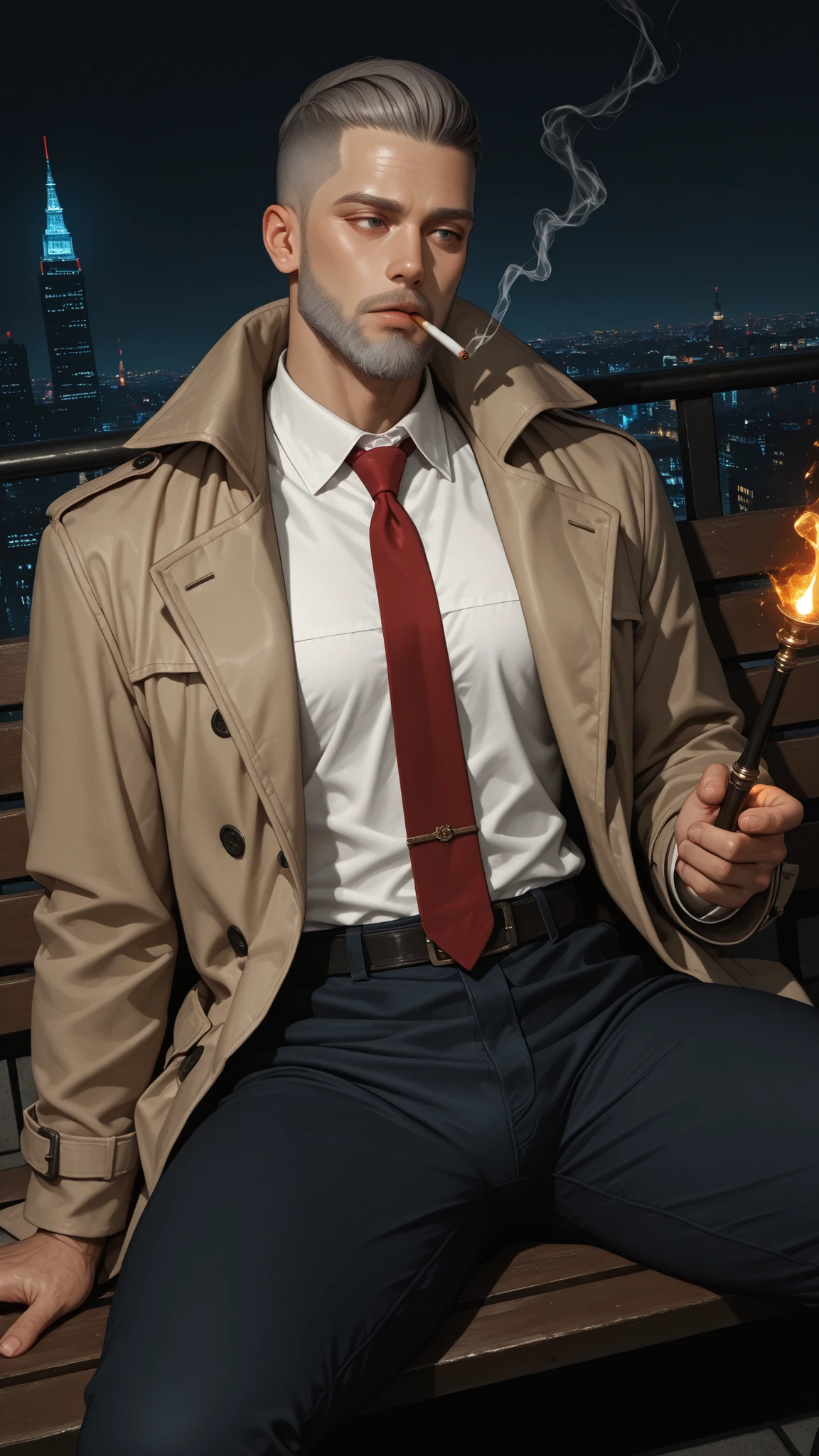 very aesthetic, 걸작, 고해상도, 8k 해상도, high contrast, (semi-realistic), newest, koreanai, best_quality, finely_detailed_eyes_and_detailed_face, (1 old_man), handsome, fantasy, solo, crew_cut, (no bangs, forehead exposed),muscular, (wrinkles), gray_beard, blue_eye, torned_trench_coat, white_shirt, navy_trousers, red_necktie, smoking_cigarette_in_mouth, holding wand, using_fire_magic, sitting_on_bench, gray_hair, looking_down, dynamic_angle, los Angeles, city background, skyscrapers, dynamic_angle