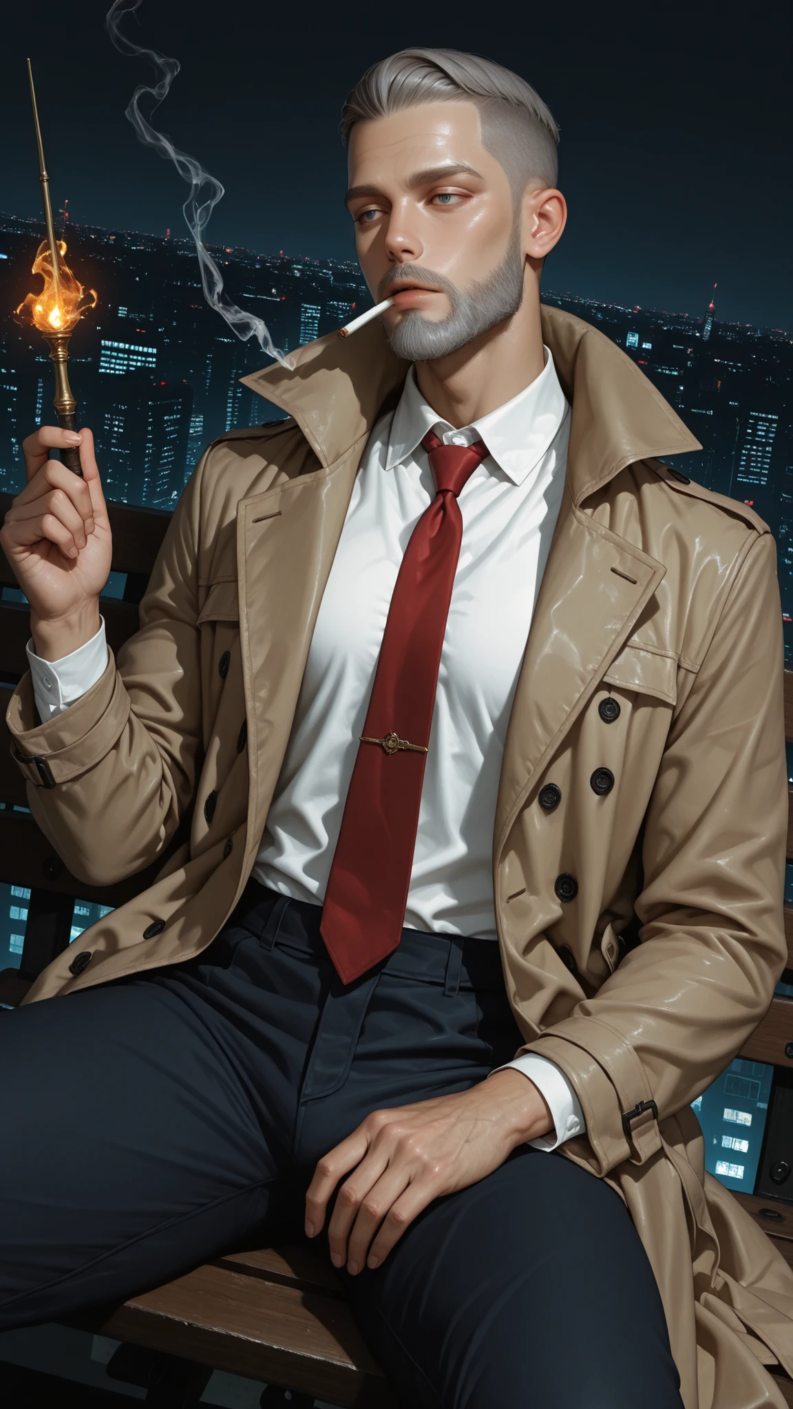 very aesthetic, 걸작, 고해상도, 8k 해상도, high contrast, (semi-realistic), newest, koreanai, best_quality, finely_detailed_eyes_and_detailed_face, (1 old_man), handsome, fantasy, solo, crew_cut, (no bangs, forehead exposed),muscular, (wrinkles), gray_beard, blue_eye, torned_trench_coat, white_shirt, navy_trousers, red_necktie, smoking_cigarette_in_mouth, holding wand, using_fire_magic, sitting_on_bench, gray_hair, looking_down, dynamic_angle, los Angeles, city background, skyscrapers, dynamic_angle