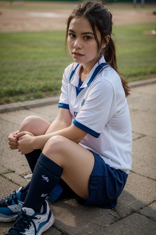 (highres, best quality), Asuka Langley Soryu, Beautiful Mixed Pretty German Babe Face. Beautiful Face, Detailed Beautiful Blue eyes, beautiful body, sitting on floor, (full shot:1.5),(from above:1.5), Tokyo street, Auburn Long Twin Tails Hair, red ribbon, Wet Sport Jersey, red tight short sports pants, White socks, sneakers, combine realism and anime influences, happy face, volley field background, Intense Beautiful gaze,
