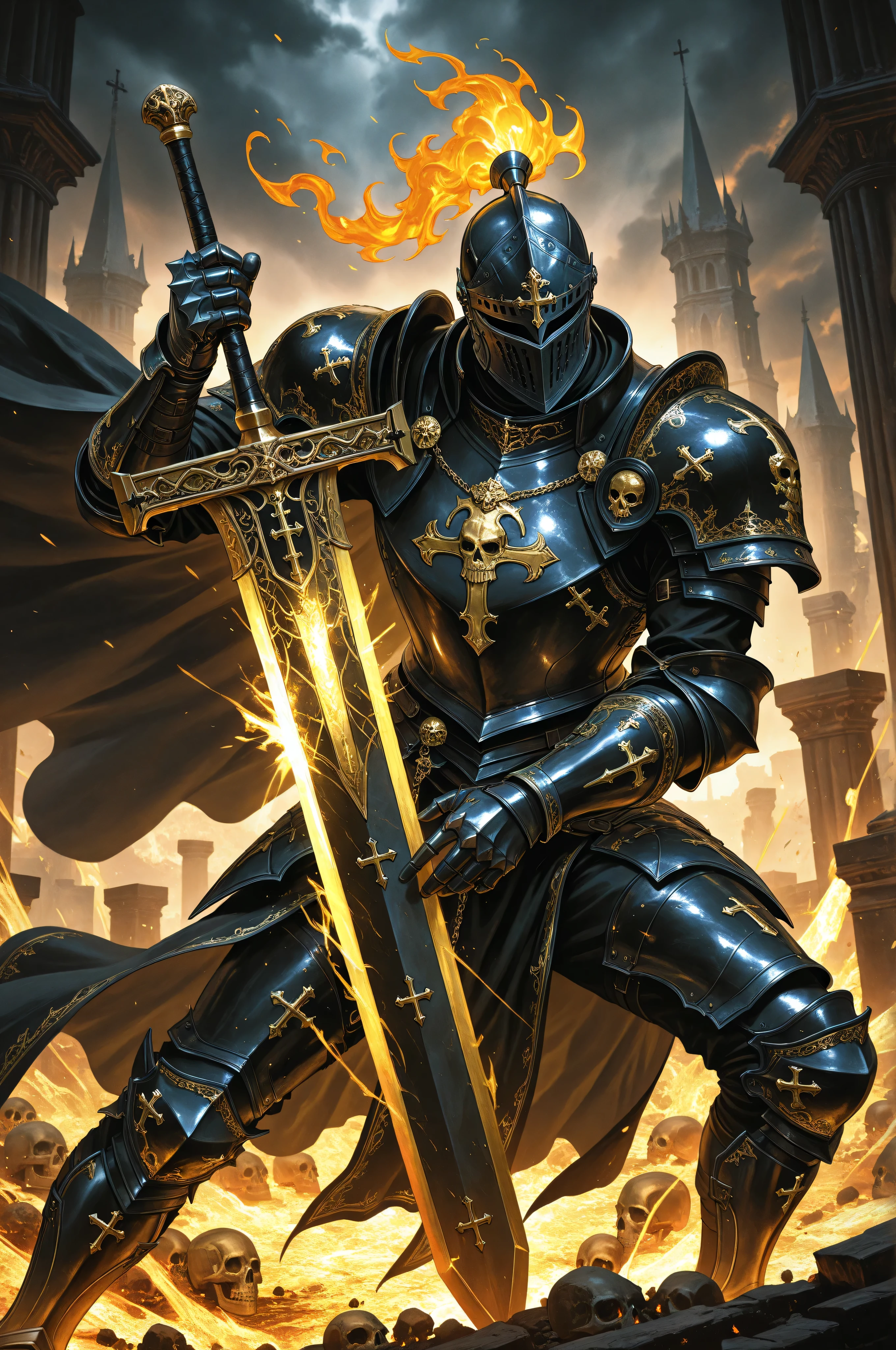 1boy, solo, knight, male_focus, dark fantasy, gothic theme,
heavily armored, intricate armor design, dark gray and black armor, gold accents, adorned with skulls and crosses, helmet with visor, shoulder armor, gauntlets, pauldrons, breastplate, cape,
holding weapon, fighting stance, holding buster sword, huge weapon masterpiece, ornate sword with golden hilt,
dynamic pose, standing, ultra-detailed, realistic, best quality, high quality,
chaotic background, dark and fiery hues, smoky atmosphere, bursts of yellow and orange, intense and dangerous mood,
color palette dominated by dark shades of gray, black, gold, occasional yellow and orange,
dark fantasy style, full armor, helm, skull motif