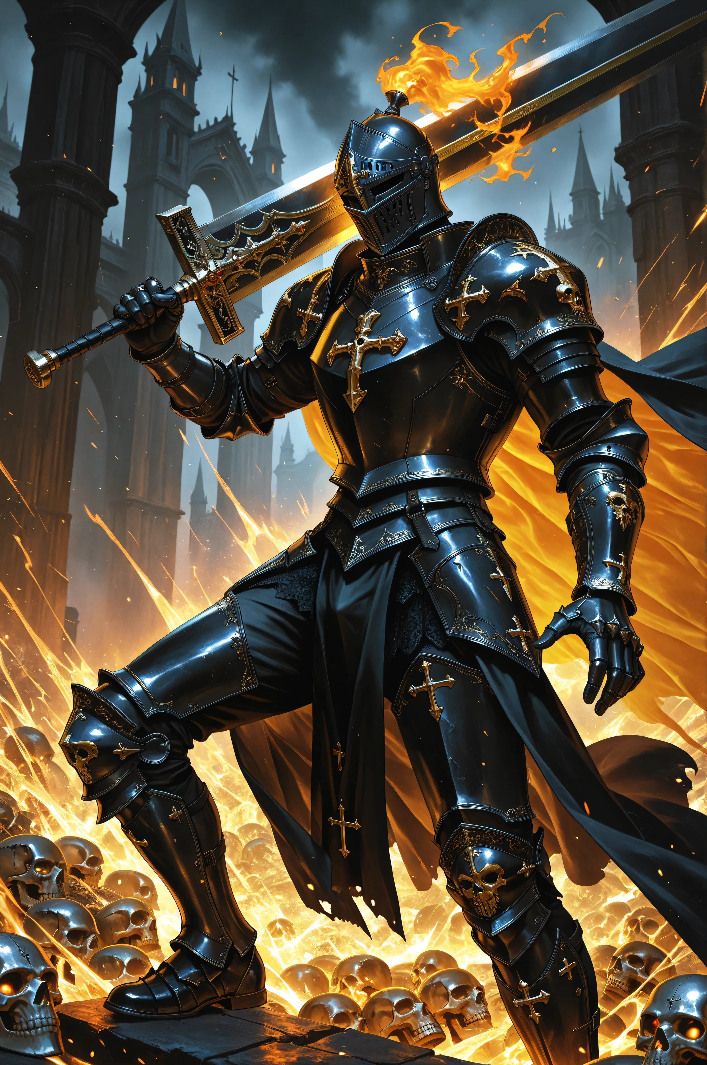 1boy, solo, knight, male_focus, dark fantasy, gothic theme,
heavily armored, intricate armor design, dark gray and black armor, gold accents, adorned with skulls and crosses, helmet with visor, shoulder armor, gauntlets, pauldrons, breastplate, cape,
holding weapon, fighting stance, holding buster sword, huge weapon masterpiece, ornate sword with golden hilt,
dynamic pose, standing, ultra-detailed, realistic, best quality, high quality,
chaotic background, dark and fiery hues, smoky atmosphere, bursts of yellow and orange, intense and dangerous mood,
color palette dominated by dark shades of gray, black, gold, occasional yellow and orange,
dark fantasy style, full armor, helm, skull motif