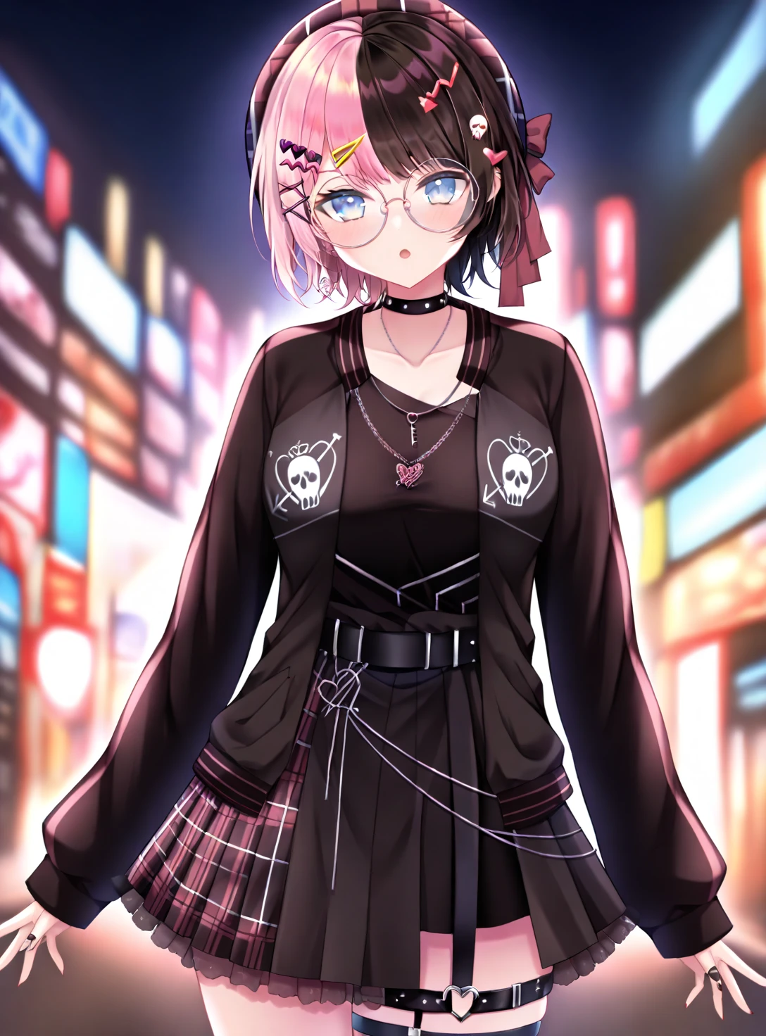 masterpiece, best quality, highres, bbhinano, short hair, (multicolored hair:1.2) beret, plaid headwear, hat bow, hair ornament, hairclip, necklace, black choker, black shirt, black jacket, open jacket, belt, black skirt, plaid skirt, asymmetrical legwear, fishnet thighhighs, garter straps, <lora:tachibana_hinano_v1:0.8>, hand in pocket, sunset, street
