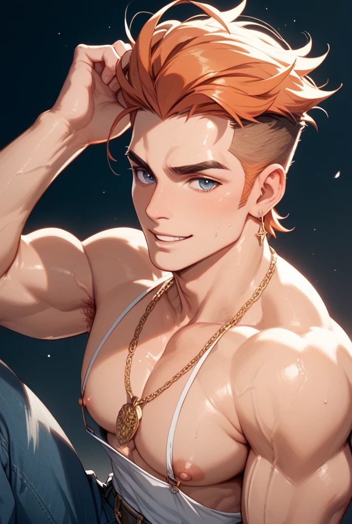((best quality)), ((masterpiece)), (detailed), (horor), make a D-style elf&D he is a young man with light red hair, tied into two buns with small rosebuds, his skin is pink, He has light green eyes and a scar above his eye that runs down to his cheek., make him see himself on the bank of a river with a silver ring on his left hand, There's an evil, humanoid shadow watching him from afar