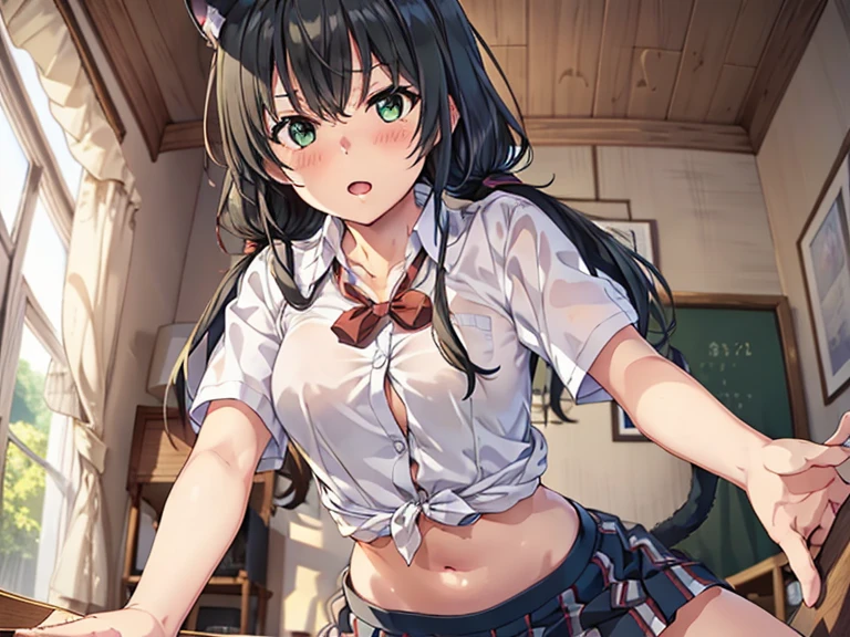 Thicc, large breasts, tight sexy light white crop top, deep cleavage, cat ears, long braided hair, in classroom, wavy short skirt, sitting on the desk, soaked wet, see through, wet hair,