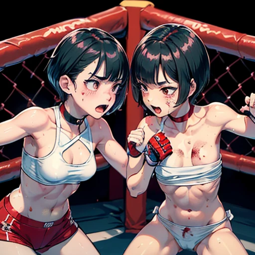 two bloody japanese girl fighters are fighting so hard in the octagon ring. The girls thrust their fists toward their opponents. they are attacking opponent's face each other by dynamic punch. they have no energy. they have short-cut black hair, shortness of breath, drool from her mouth, closed eye, exhaustion, and sweat soaked. open finger grobe. Muscularity. Six pack abs. Erect nipples. they are naked.
