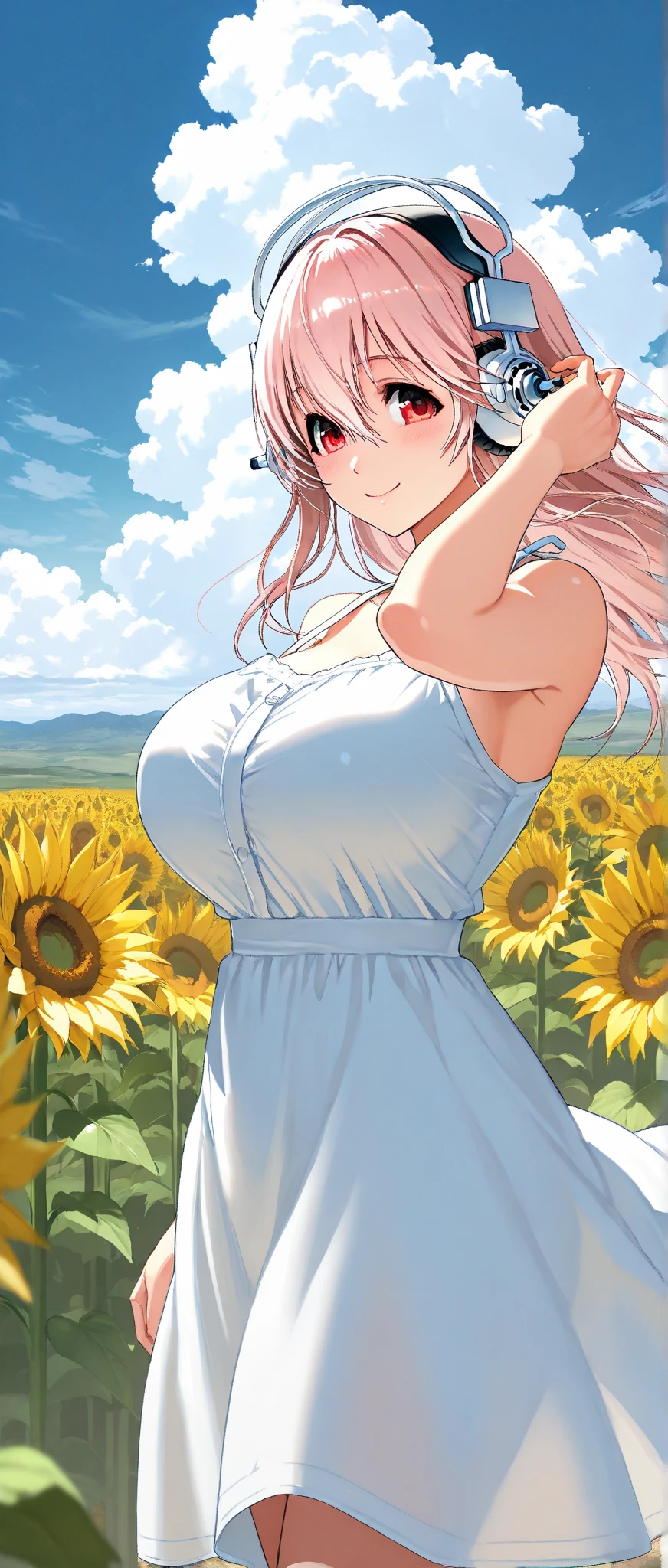 sunny、summer、Sunflower field、White clothes、No bra、Large Breasts、shame、Burning cheeks、Embarrassed、Young face、Brown nipples、pubic hair、after the rain、Stained and clingy clothes