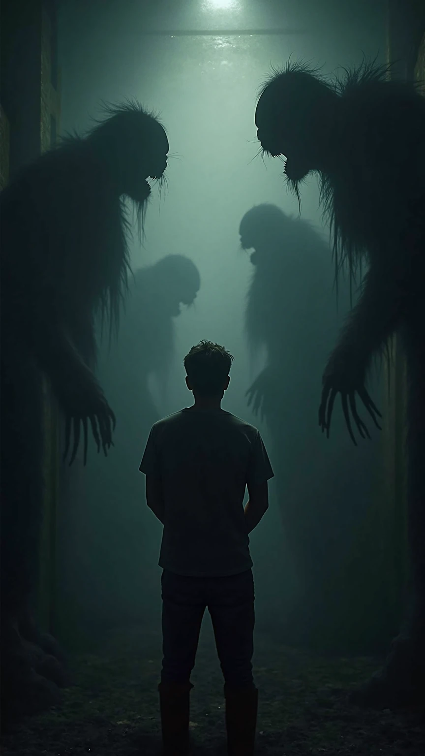 Believe me Little goblins with glowing eyes in the forest on a gloomy night Drawn in black and white grotesquely painted goblins attacking a young man
