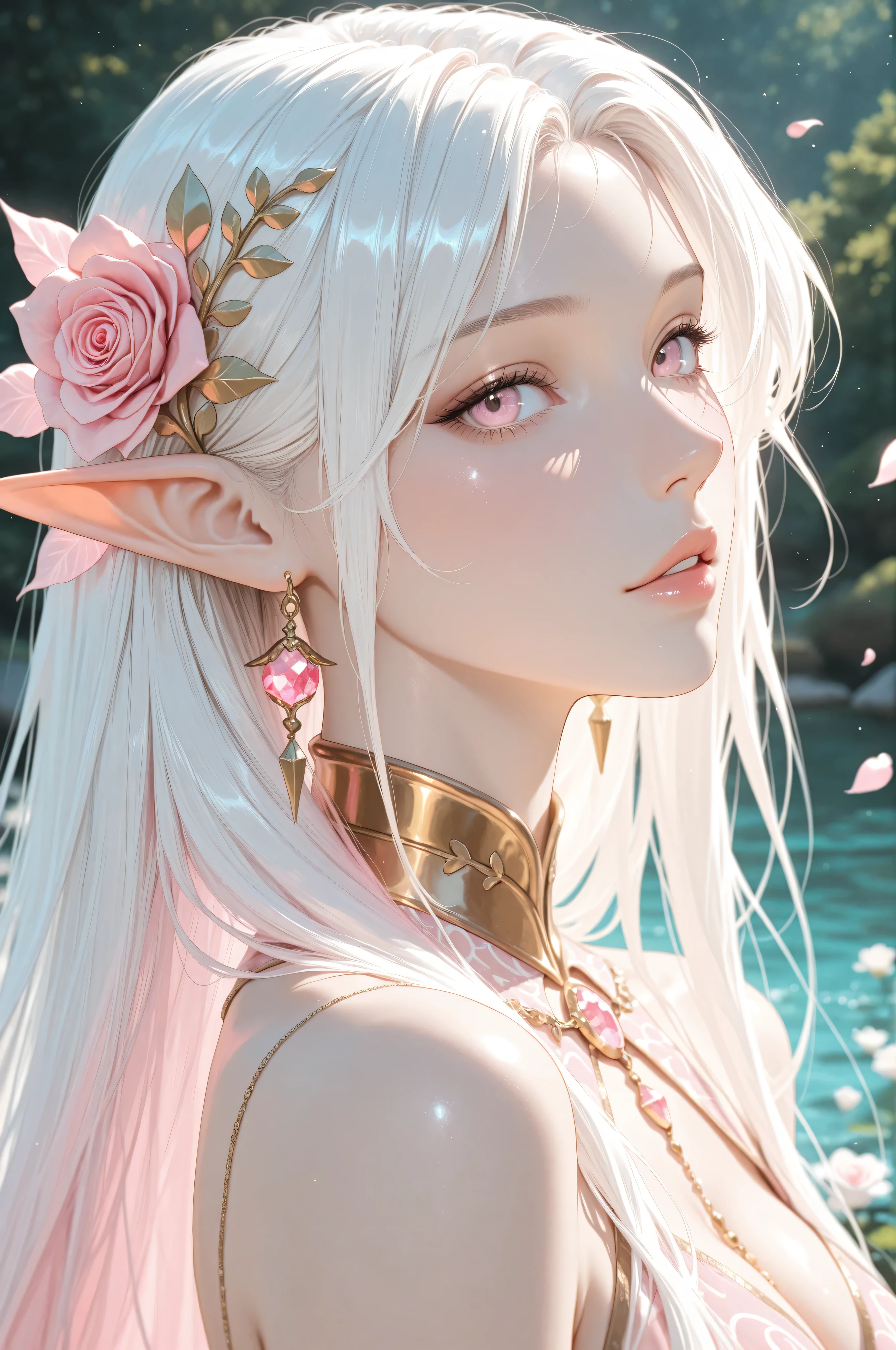 A digital painting of a light-skinned, ethereal elf girl with long, flowing, white hair, wearing a delicate pink and rose-gold adornment in her hair and around her neck. Focus on soft, pastel, and muted colors with a light, whimsical style and detailed, realistic facial features, emphasizing soft highlights on the skin and hair and intricate, delicate patterns, masterpiece, best quality,absurdres