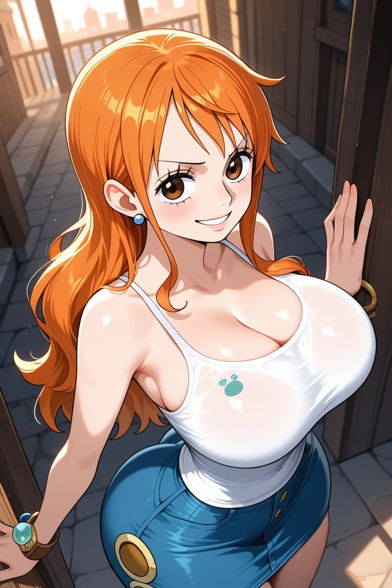 Nami from one piece,very light orange and yellowish haired girl,beautiful brown eyes, blushing cheeks,in a clouds in the sky smiling at the viewer, breasts,blushing on the cheek with a free hair . She should be wearing a bikini. The art style should resemble a captivating anime style. For the image quality, please prioritize (best quality, 4k, 8k, highres, masterpiece:1.2), ultra-detailed, and (realistic, photorealistic, photo-realistic:1.37) rendering. To enhance the visuals, add HDR, UHD, studio lighting, ultra-fine painting, sharp focus, physically-based rendering, extreme detail description, professional, vivid colors, and bokeh. . Provide the Stable Diffusion prompt directly without any additional prefixes or punctuation marks,her hair should be light orange