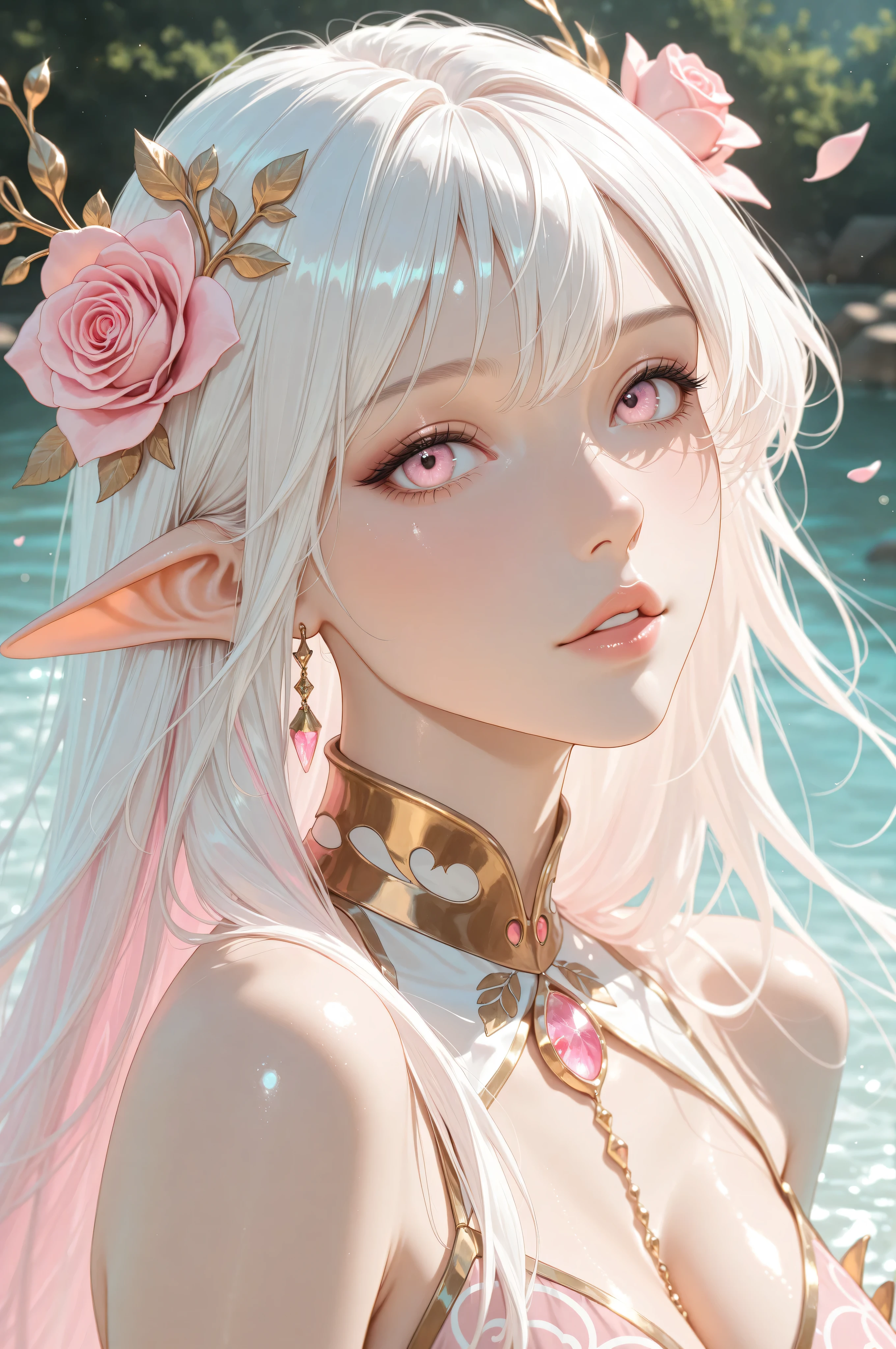A digital painting of a light-skinned, ethereal elf girl with long, flowing, white hair, wearing a delicate pink and rose-gold adornment in her hair and around her neck. Focus on soft, pastel, and muted colors with a light, whimsical style and detailed, realistic facial features, emphasizing soft highlights on the skin and hair and intricate, delicate patterns, masterpiece, best quality,absurdres