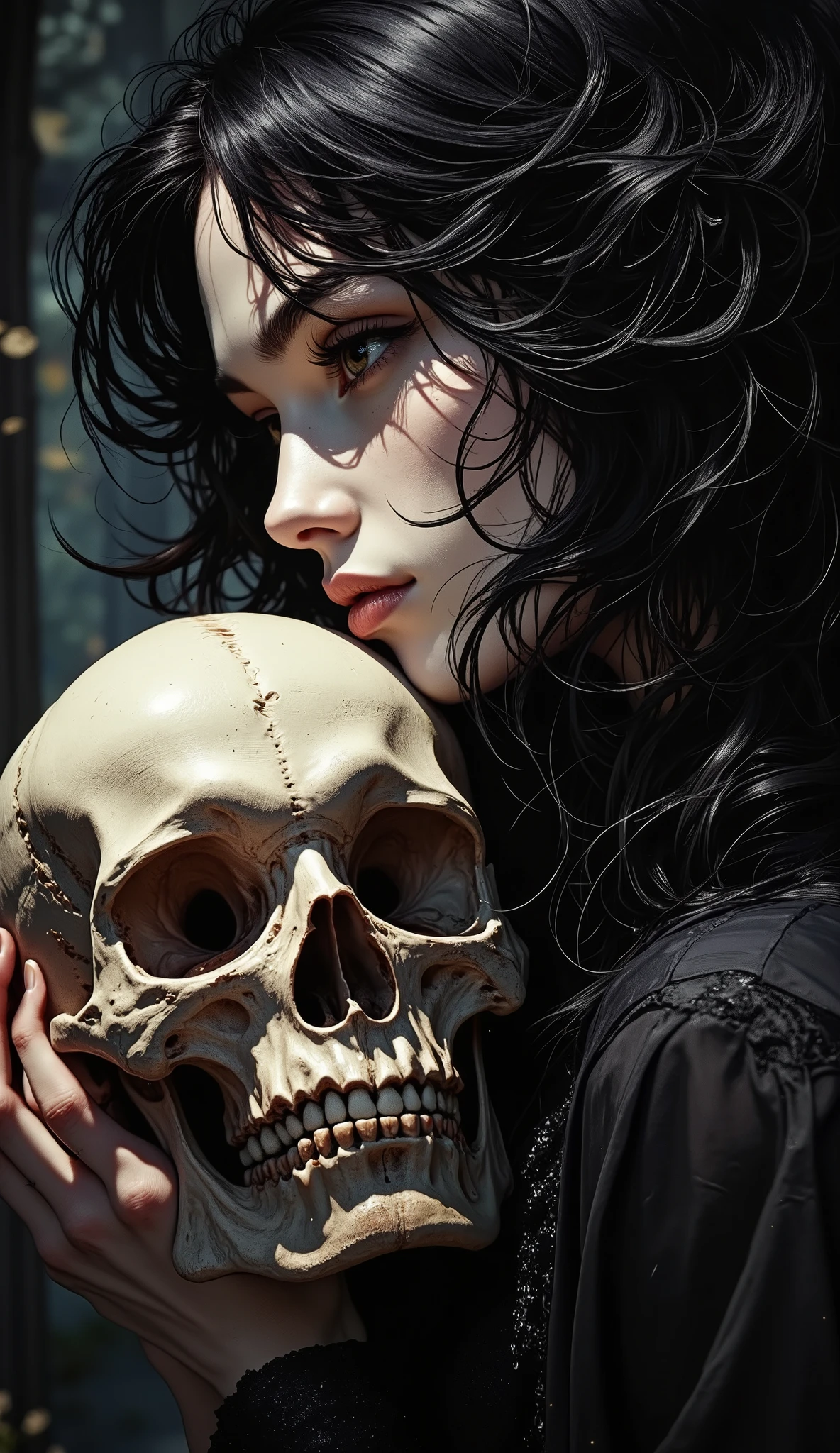 side view. A high-detail fantasy Gothic image of a beautiful young woman with long wavy black hair. She has pale skin and delicate facial features, high cheekbones and full lips. Her hair seems slightly damp, it cascades over her shoulders and partially covers her face. A woman holds a human skull close to her face, gently squeezing the base of the skull with her right hand and supporting it from below with her left. The skull is positioned in such a way that its eye sockets and nasal cavity match the features of her own face, creating an eerie, but at the same time fascinating composition.
The background is dark and out of focus, which highlights the contrast between the illuminated woman's face and the skull she holds in her hands. Her expression is solemn and thoughtful, as if she is lost in thought or deep contemplation. The photo features spectacular lighting, casting deep shadows that accentuate the texture of her hair, the contours of her face, and the intricate details of her skull. The general mood is mysterious and attractive, evoking a sense of mortality and the passage of time. This image is a striking example of artistic photography that combines elements of the genres of portrait and still life.