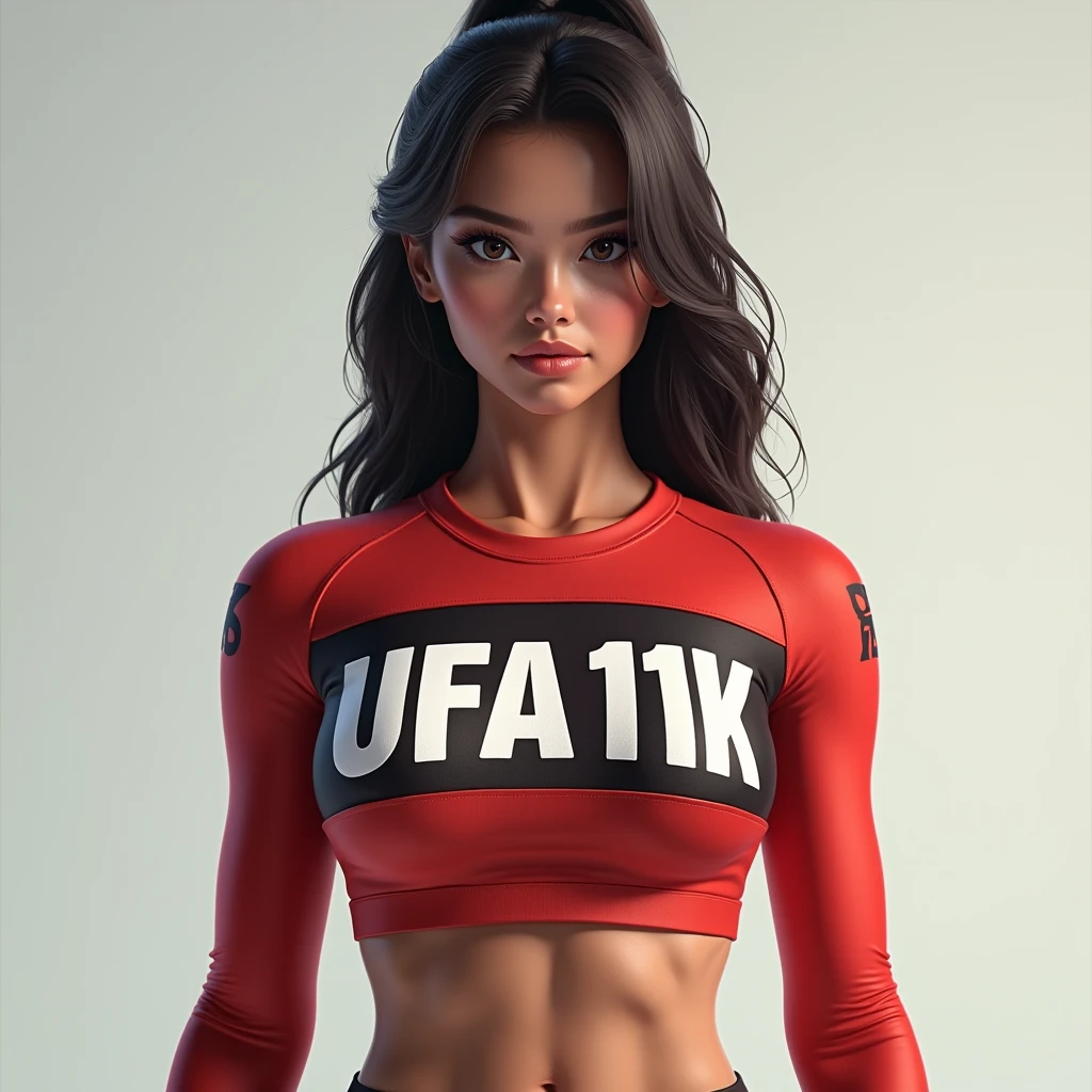 1girl, beautiful, <lora:Ruby2:0.7>, smirk, wearing a red hat, earrings, red camo, red sweatshirt, red leggings, long hair, brown hair, mascara, nose lips, standing, midriff, naval, earrings, (realistic:1.5), cyberpunk, neon city, neon lights, 3d, cgi, volumetric lightning, white sclera, brown eyes