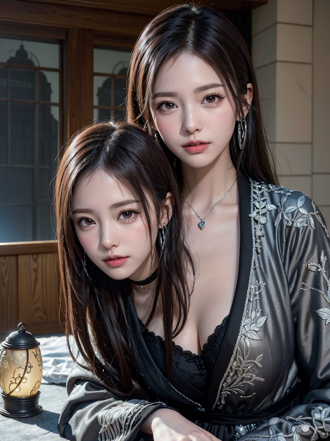 (((2 girls))), kissing, fullbody view,((erotic posing)),Dynamic posing,Arrange pose,dramatic,cinematic,detailed background,dynamic angle,Hard NSFW,Top quality work,Photorealistic works,Ultra Premium Graphics,8K HD CG works,High-quality graphics,High-definition fine CG works,超A high resolution、Show Legs,close-up all over the body,10x pixel,Ultra-fine details:1.1,Advanced technical details:1.1Photographically realistic,Indoor lighting effects:1.5,Natural light:1.5. light effect(Virtual Light Effects:1.8),超A high resolution,Transparent hair,High Detail Hair(Premium Hair Detail:1.1)Clear eyes,Good looking double eyelids,Sharp eye makeup, Delicate makeup for eyelashes, Thin eyebrows, ultradetailed eyes,lovely red lips, Rose cheeks, Face with delicate makeup , Pretty Face, A perfectly proportioned face,(Advanced facial details:1.1,In the banquet hall,full-body view,Realism,overall look is very erotic, amazing,Large round chest、Beautiful eye details、Very slender eyes、Beautiful eyelashes、beautiful double eyelid, creamy silk robe, lace white bra and panties, (((silk robe lift, Panties are visible)))