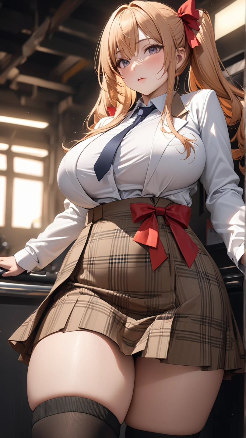 1 person,high school girl,RAW Photos,High-cut underwear,Low Angle(Angle where you can see inside the skirt:1.3、from below:1.5),camel toe,tracing,ultra HD:1.5,Highest quality, Ultra-high resolution:1.3, Brown Skin(very fine and beautiful skin),bionde, Black gal, Highest quality:1.3,(masterpiece), (Very detailed8K wallpaper:1.1),Very detailed,Cinema Lighting, Detailed light, Best Shadow, Cowboy Shot,between legs,Elaborate panties(High leg pants:1.1),(Super big breasts:1.6), Plump thighs, mini skirt(Pleated skirt),Indentation:1.1,school uniform,In the classroom