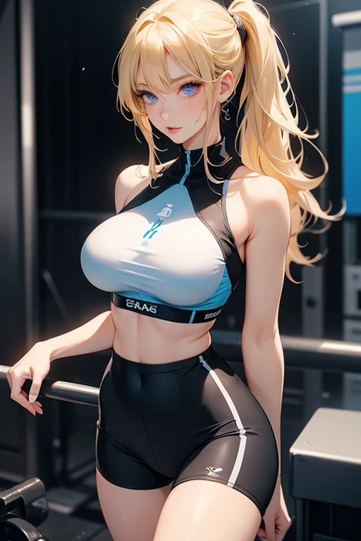 最high quality、best image quality、masterpiece、teenage girl((20-year-old、 By becoming、vest bust、medium bust,wide open breast tea、black eye, blonde hair、long hair、thin,highest valley、blue sports bra(1:2)、Blue sports pants、Punching Pose、sweating、scattering of sweat)),high quality、beautiful art、background((dilapidated store、bad group))debris flies、Depth of written boundary、movie、visual art、perfect art、8k,genuine、
