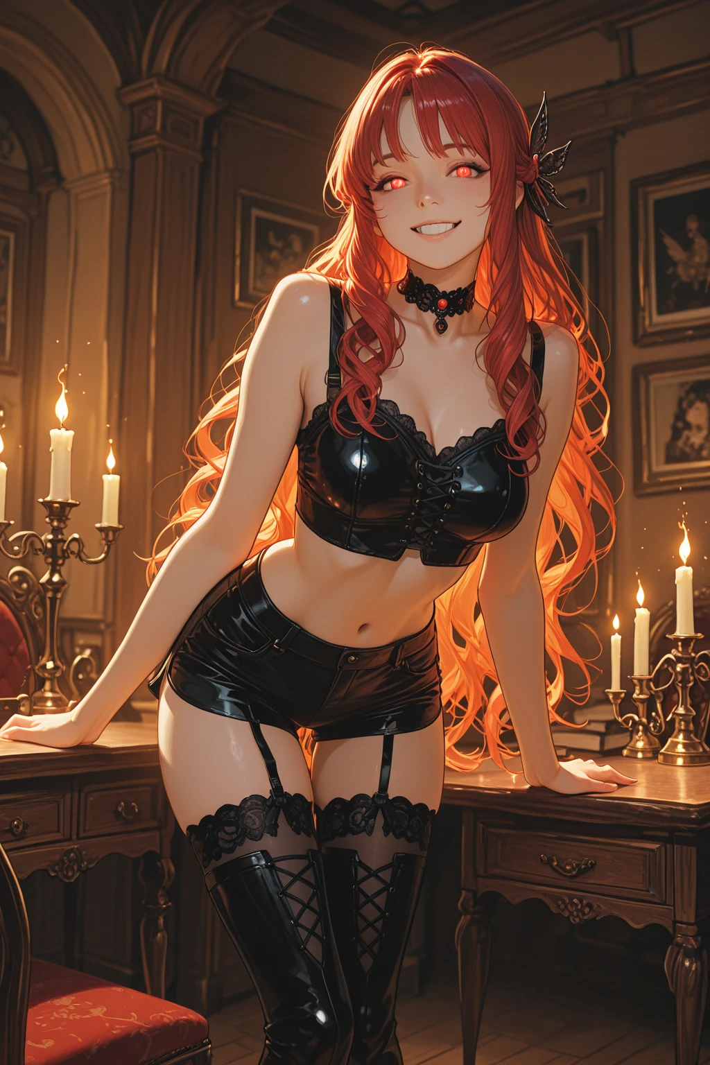 An eighteen-year-old girl Korean with white skin, brown eyes and red hair, dressed in black lingerie that slightly shows her small bust.