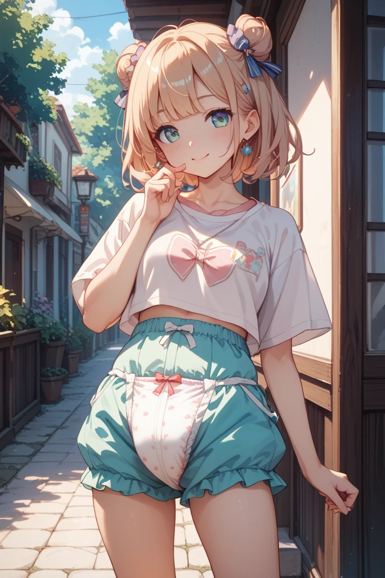 ((masterpiece)), ((Highest quality)), (anime:1.4), (Super detailed:1.2), (High resolution:1.3), (Professional photography:1.3), (Wide Shot), (Sharp focus), (Perfect light), ((12 years old)), One girl, profile, Cinema Lighting, Textured skin, (Cat ear), Light brown hair, 乱れたShortcutsヘア, Cute beautiful teenage girl, (Healthy slim body), (Pink short sleeve hoodie:1.3), Very good, (Exposed neck), Slender body, Small breasts, Mischievous Smile, blush, (Turquoise unfocused eyes), Beautiful clavicle, (A little exposed cute thighs), break, ((Highest quality)), (Super detailed), (Beautiful colorful flower field), Dancing Petals,Blonde、Shortcuts、Pink hoodie、Denim shorts、Black sneakers、Cat ear、Belly button、Show your belly