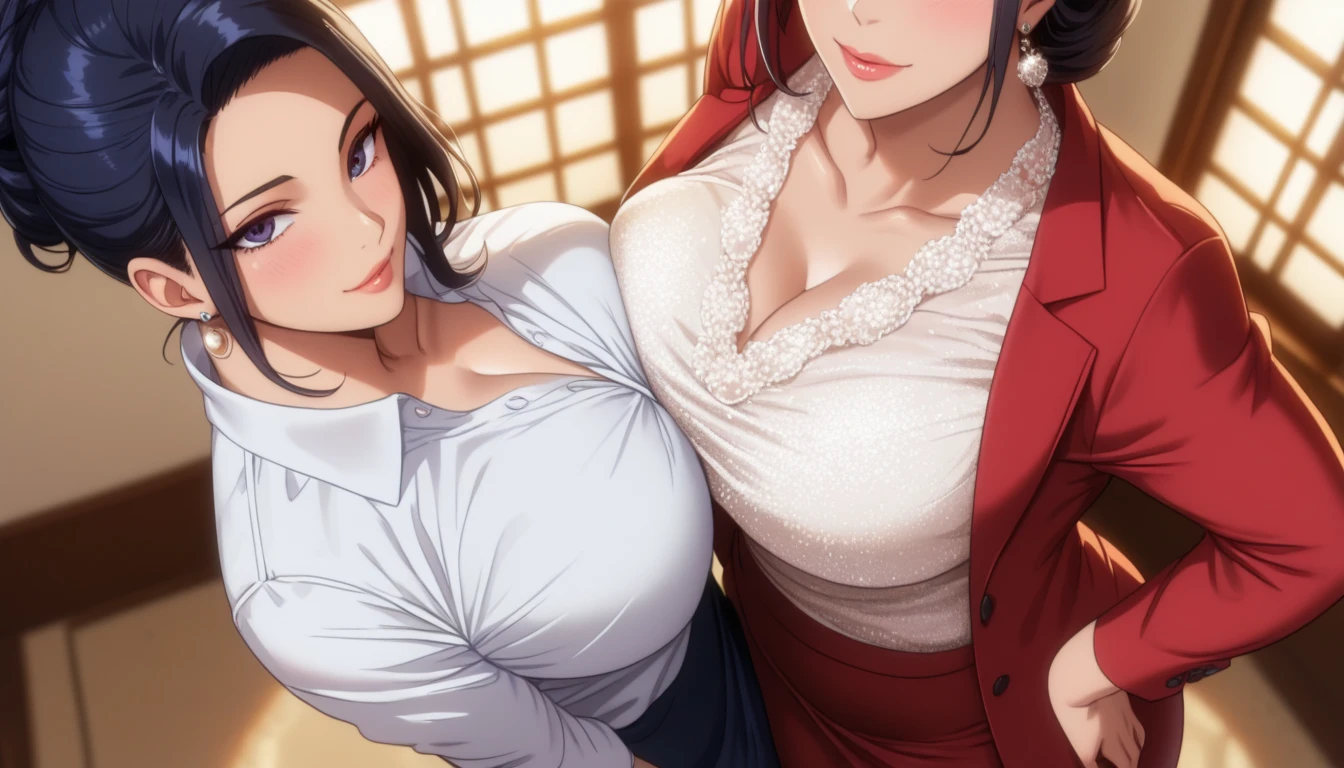 ((masterpiece)), ((best quality)), (ultra-detailed), (realistic), beautiful face, detailed hands, 1girl, solo, mature female, milf, motherly, forehead, big breasts, narrow waist, wide hips, curvy, (straight hair, long hair, high ponytail, dark hair, dark eyes, white kimono, cleavage), dojo, looking at viewer, cowboy shot, seductive smile, sitting