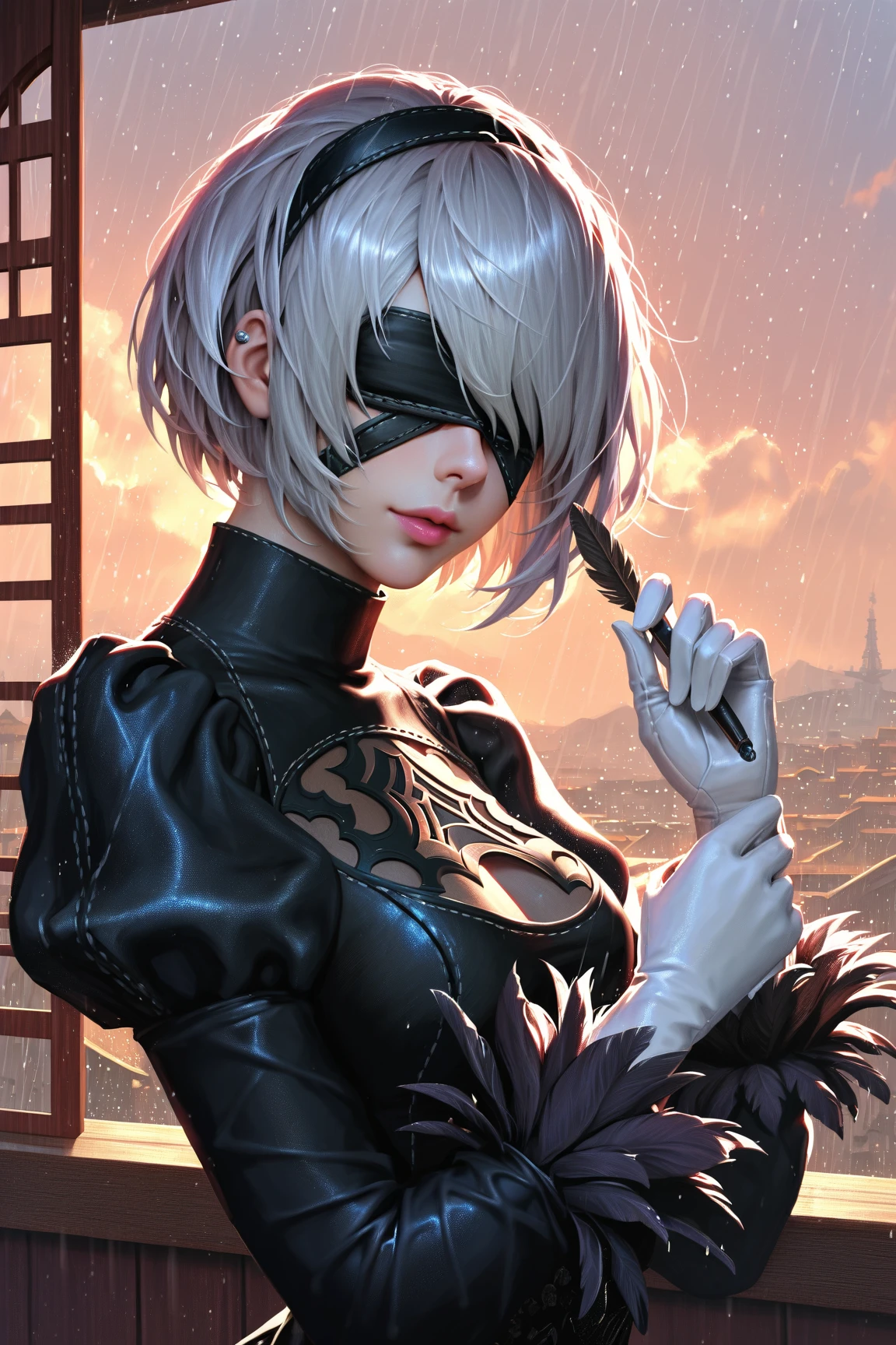 YoRHa2B, turning your back to the audience,masterpiece,turning heads, (realistic: 1. 4), best quality, beautiful lighting, 1girl, wlop, ((blindfold)),((naked girl)),girl with big breasts, (girl with pink color nipples), cleavage, cleavage cut, costume cut, hair between the eyes, hair band, highres, juliet sleeves, long sleeves, nier (series), nier automata, (puffy sleeves), red lips . face shadow, short hair, solo, high collar, upper body, white hair, sky , RAW photo, 8k uhd, film texture, architecture, building, shrubs, city, cityscape, clouds, cloudy sky, daytime, grass, outdoors, ruins, landscape, skyscraper, trees