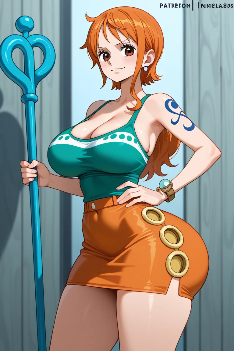 big lips, us'The skin (One piece), pink eyes, japanese face, improve, improve grin, two sides up, huge breasts, Wide hips, sexy, detailed, pink room, Hits, (evil smile1.4), kawaii, fold us (One piece), One piece, GOOD, nami costume (One piece), fold us (One piece), camisa nami (One piece), choker, fold us (One piece), camisa nami (One piece),navel piercing, cosplay de nami (One piece)