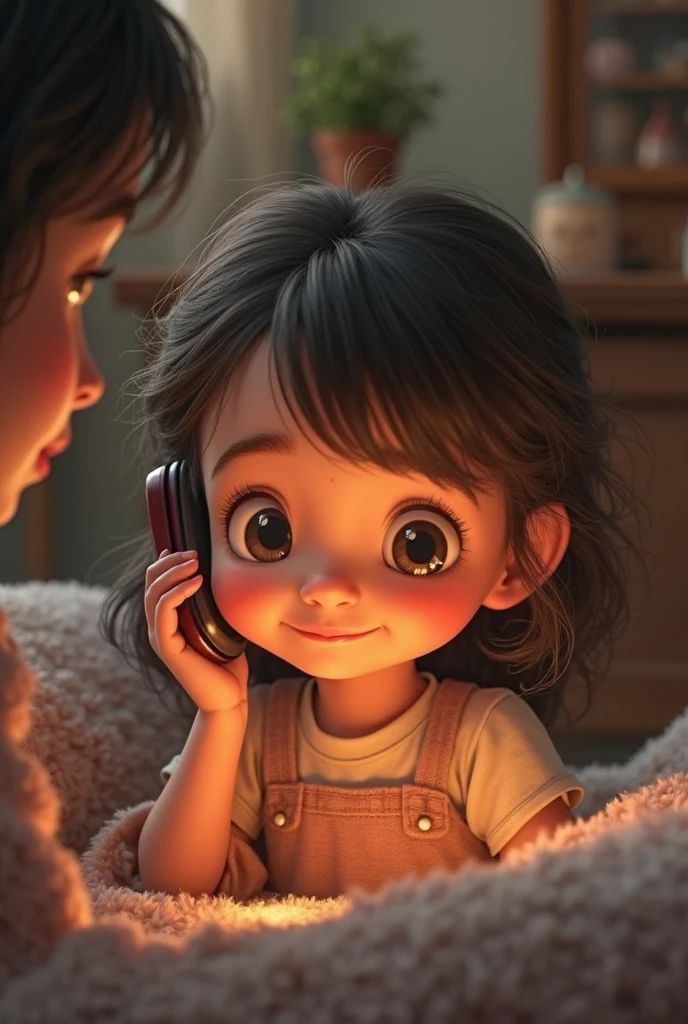 Face of a 3 year old girl, disgusted, looking at a cell phone, 3d pixar style