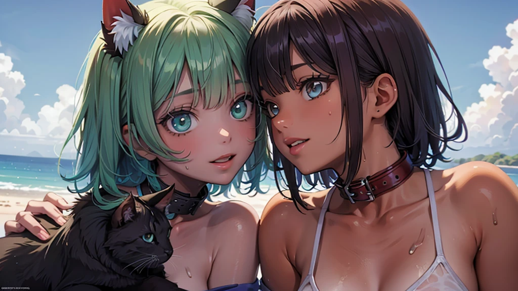 highest quality,wonderful,masterpiece,delicate,ultra high resolution,Super detailed,intricate details,beautiful,8K resolution,(Highly detailed CG Unity 8K wallpaper),sharp focus、anime、fiction、two women,dark green hair woman and perple hair woman , short hair、Cat ear、big breasts、Vibrant Hair、Shaggy hair、messy hair、vivid skin、Glossy skin、 lolita、short、young、sexy、beautiful eyes、happiness、Pleasure、smile、Ocean、emphasize the chest、Sweat、Juice drips、dark green hair、green eyes、Bright purple hair、purple eyes、lesbian、dark skin,dark tan,micro bikini、