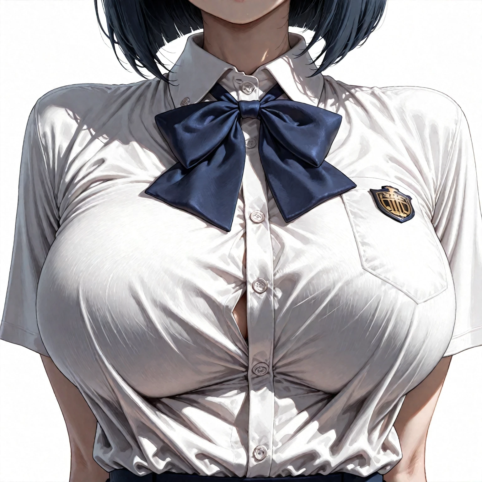 (masterpiece, best quality:1.2), Realistic, front shot, 1girl, kawaii, (super big breasts, micro waist, very long legs:1.4), Big Ass, Black hair, short bob hair, short height, scrawny and thin body, Light Skin, cute big eyes, tiny slender cute face, detailed face, Tight school blazer, miniskirt, pigeon-toed, wet and sweaty, big visible ribs, V sign, Trembling