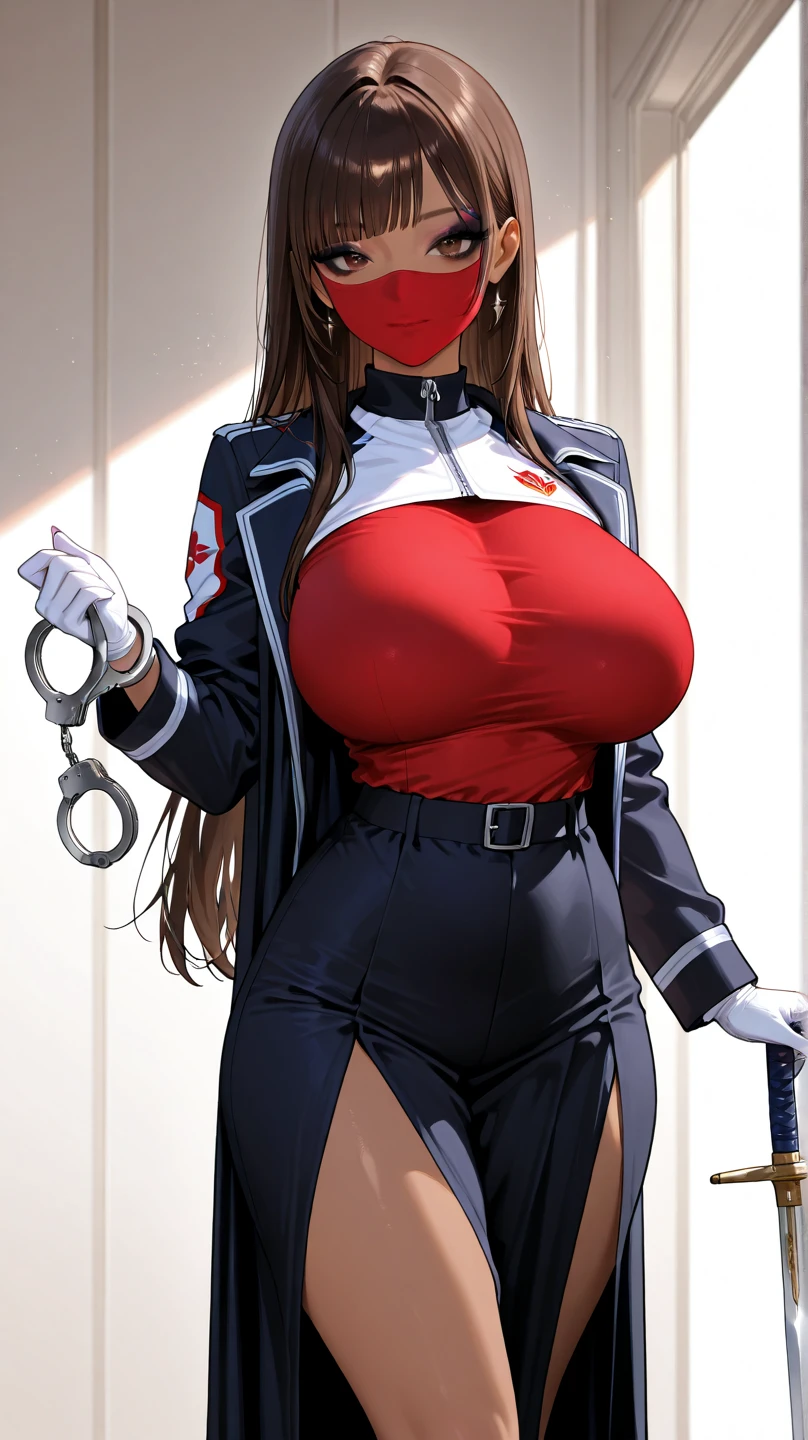 (Masterpiece, masterpiece, extremely detailed and precise).
A woman wearing a tight full-body latex suit. A white latex suit that tightens your body. BDSM. Plump body. Her huge breasts and huge ass are emphasized.
Protruding nipples. Crotch crack. Iron shackles on wrists and ankles. Long silver hair, bright red lips, and an obscene smile.
(Metal chastity belt:2.0).
A lot of machinery lined up in the background. nsfw