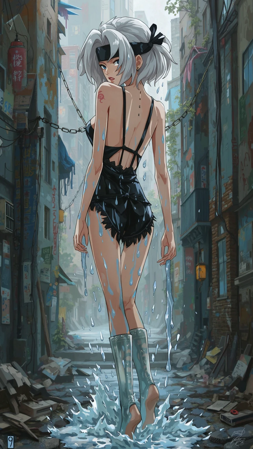 (masterpiece,Highest quality,Ultra-high resolution),Japanese women, (((Very beautiful 25 year old girl))), pretty girl、Look at the photographer､  ((Sleeveless collar shirt)), Very cute face, Glossy Lips, Double eyelids on both eyes,Natural smile、 Natural Makeup, Long eyelashes, Shiny and smooth hair､Center image,  Perfect limbs, Perfect Anatomy,(((Tight Skirt)))、(((Looking Back)),Wet with sweat,Beautiful ponytail、Harry Clarke style,(Ashley Wood Style:1.4), (Double exposure:1.4),1. A giant girl&#39;s silhouette and a creepy projection of a battle city,Thrilling footage released,Cyberpunk Vaporwave,Holographic Projection,(Pause，Dynamic Action:1.8),Fractal Art,Lighting Butterfly