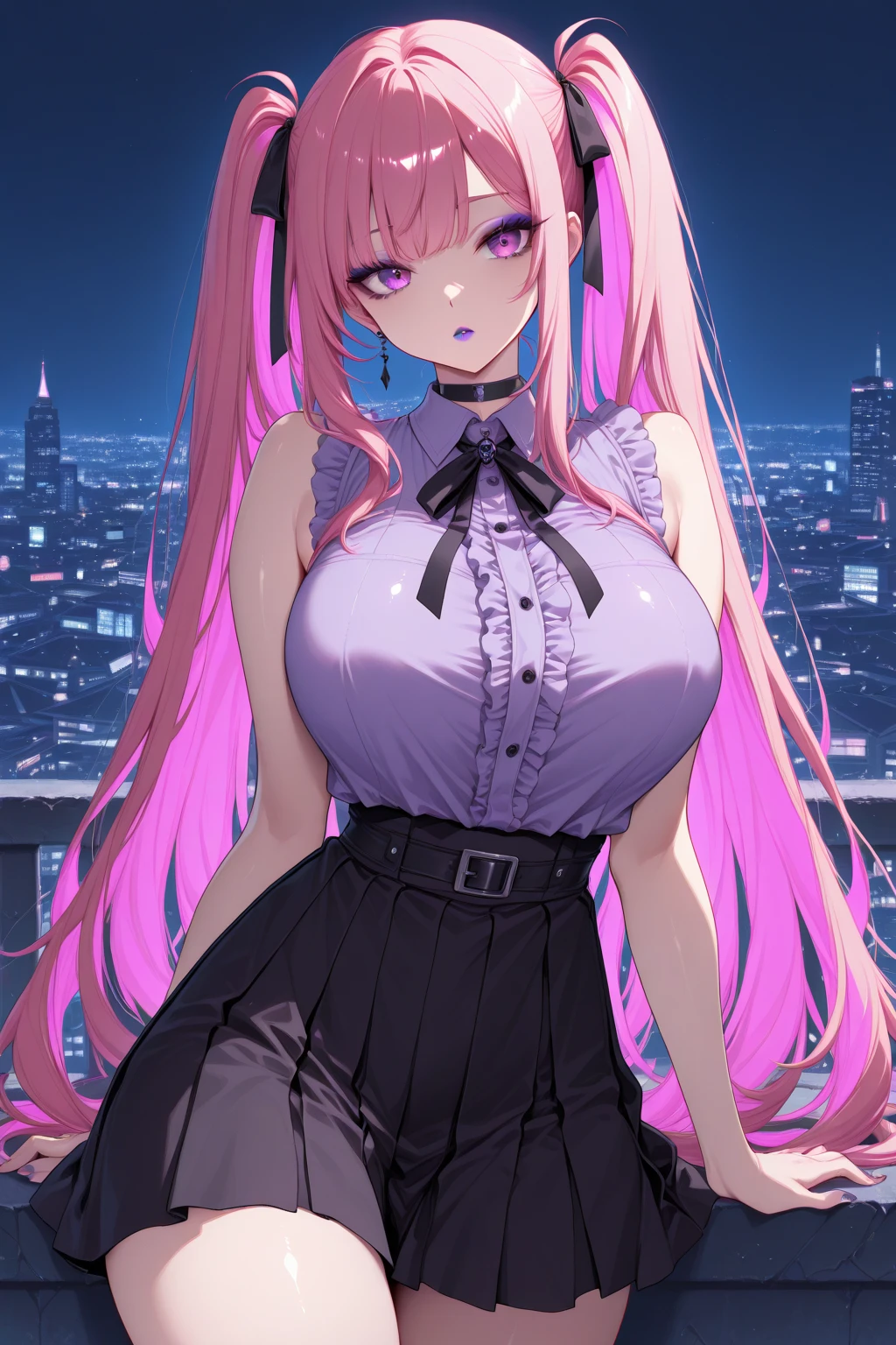 Sexy girl with pink hair, wearing a black top with a sweetheart cutout in the middle. She wears a black pleated miniskirt with white stripes and black stockings.